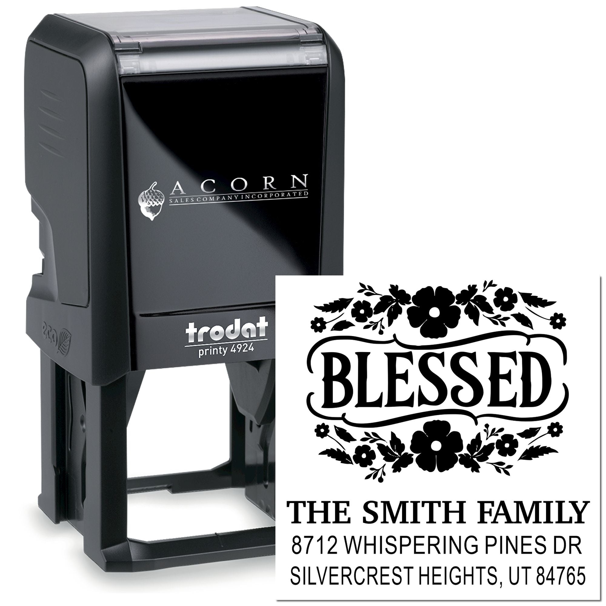 Custom self-inking Trodat Printy 4924 stamp with floral Blessed design and Smith family address on white background.