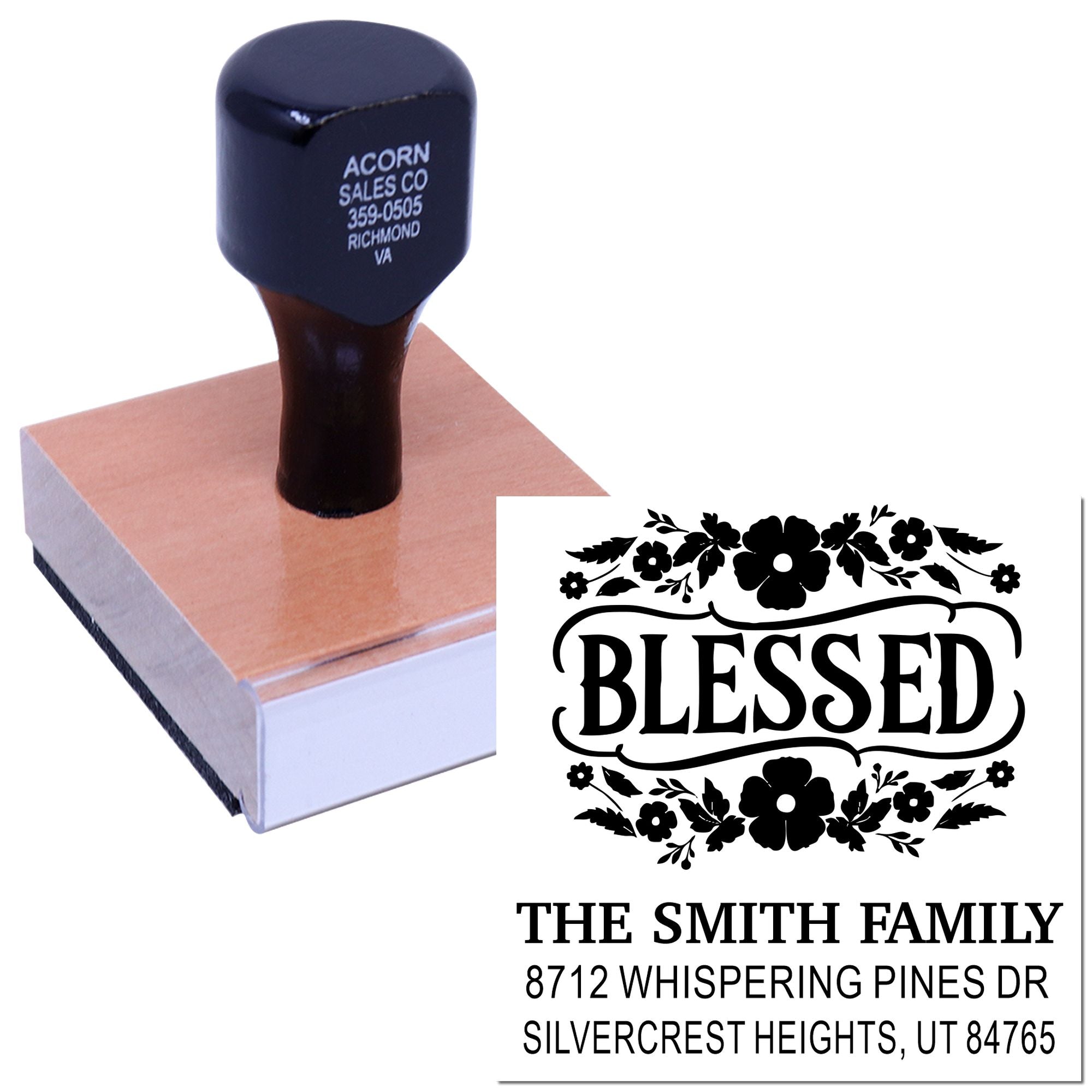 Custom self-inking address stamp with Blessed floral design and The Smith Family address, shown on a wood block with imprint sample on white background.