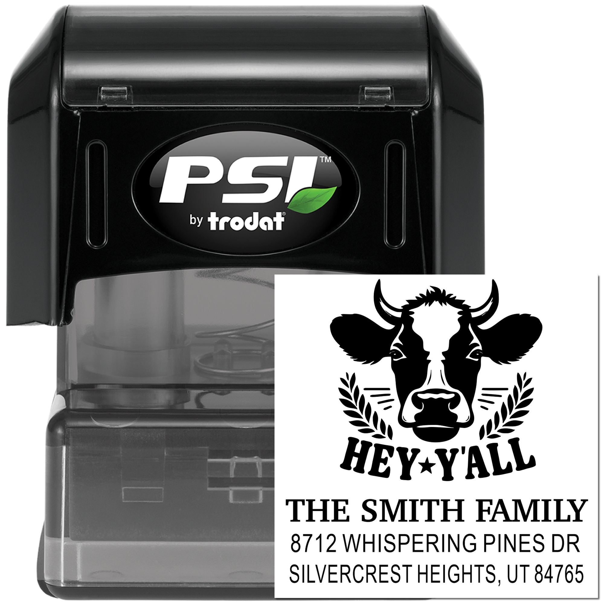 PSI by Trodat self-inking stamp with cow graphic and custom family address text, shown on a white background.