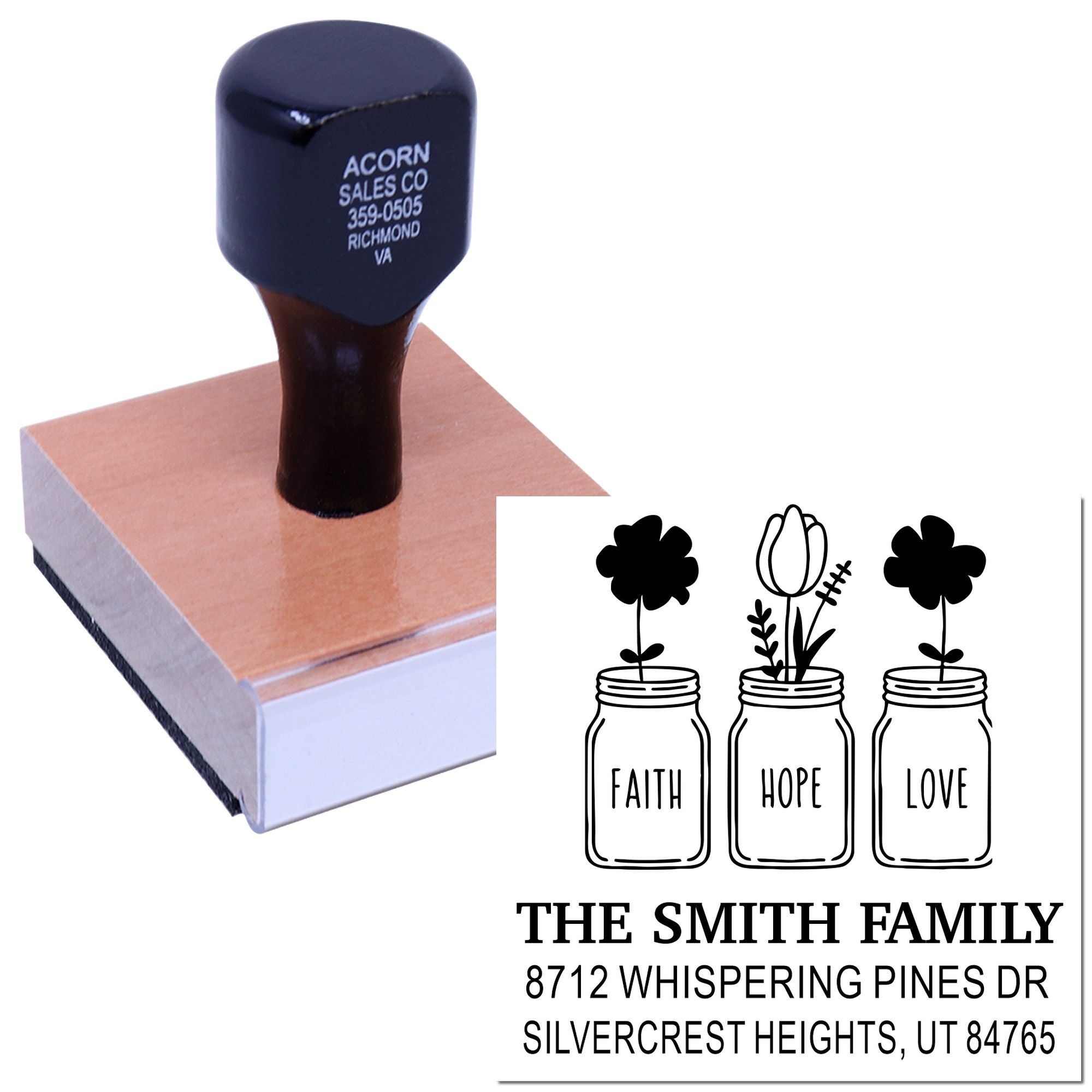 Custom self-inking address stamp with faith, hope, love mason jar floral design, shown on a wooden mount against a white background.
