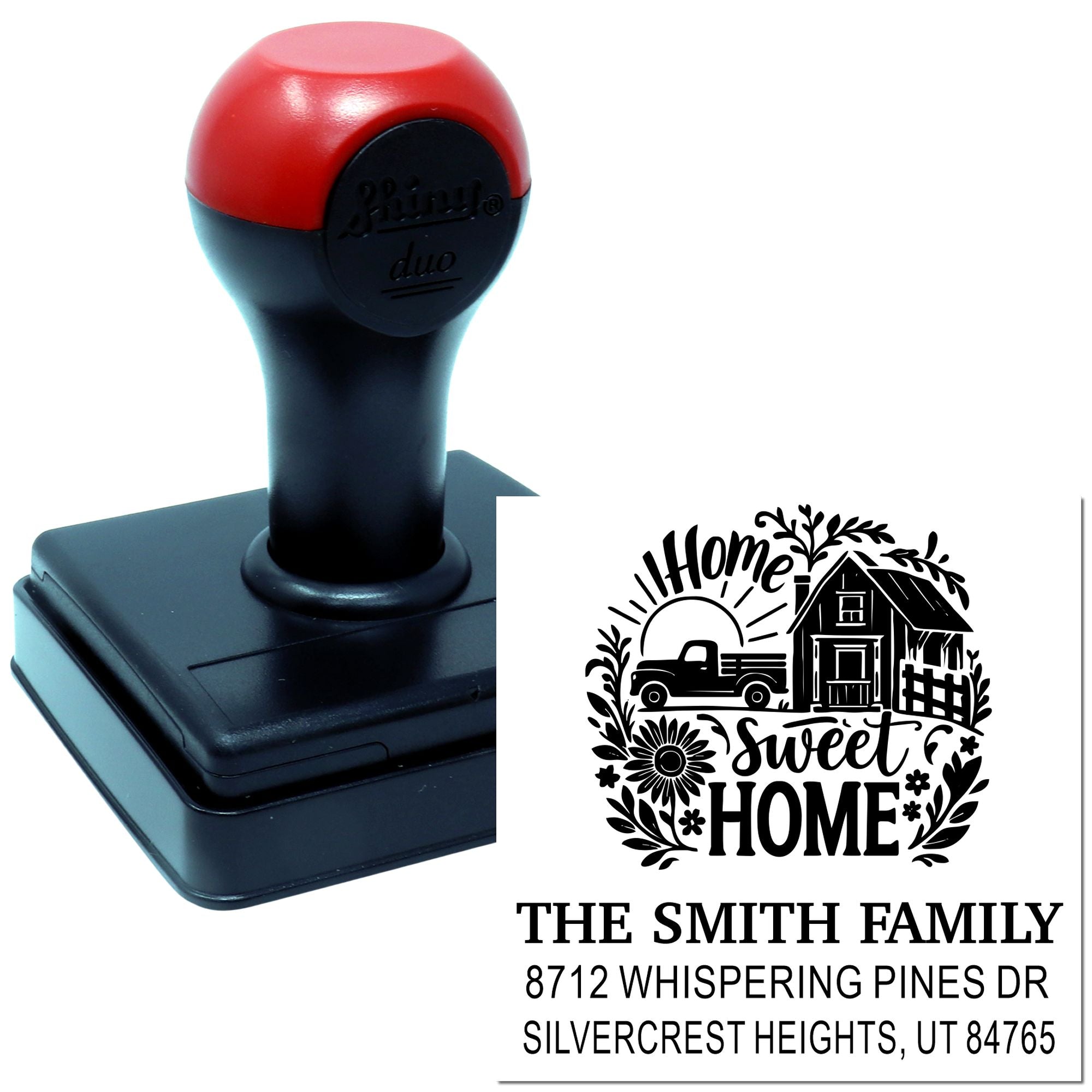 Personalized self-inking address stamp with red-and-black handle, displaying Home Sweet Home farmhouse design, family name, and address on white background.