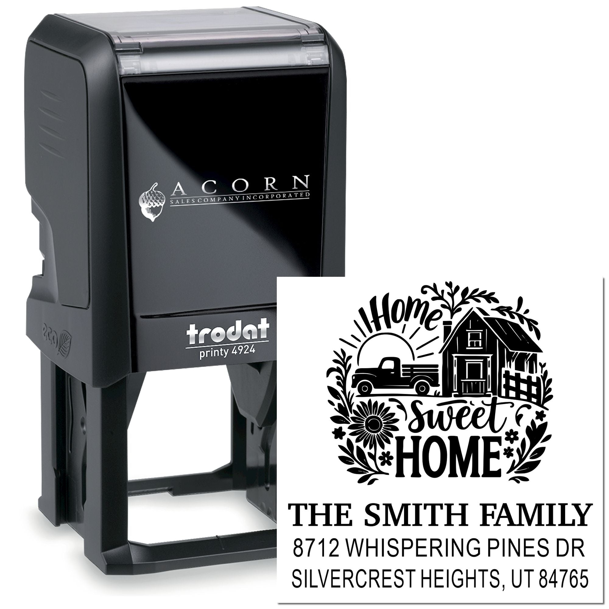 Custom self-inking home sweet home address stamp with truck, farmhouse and floral design, shown on a Trodat Printy 4924 stamp holder.