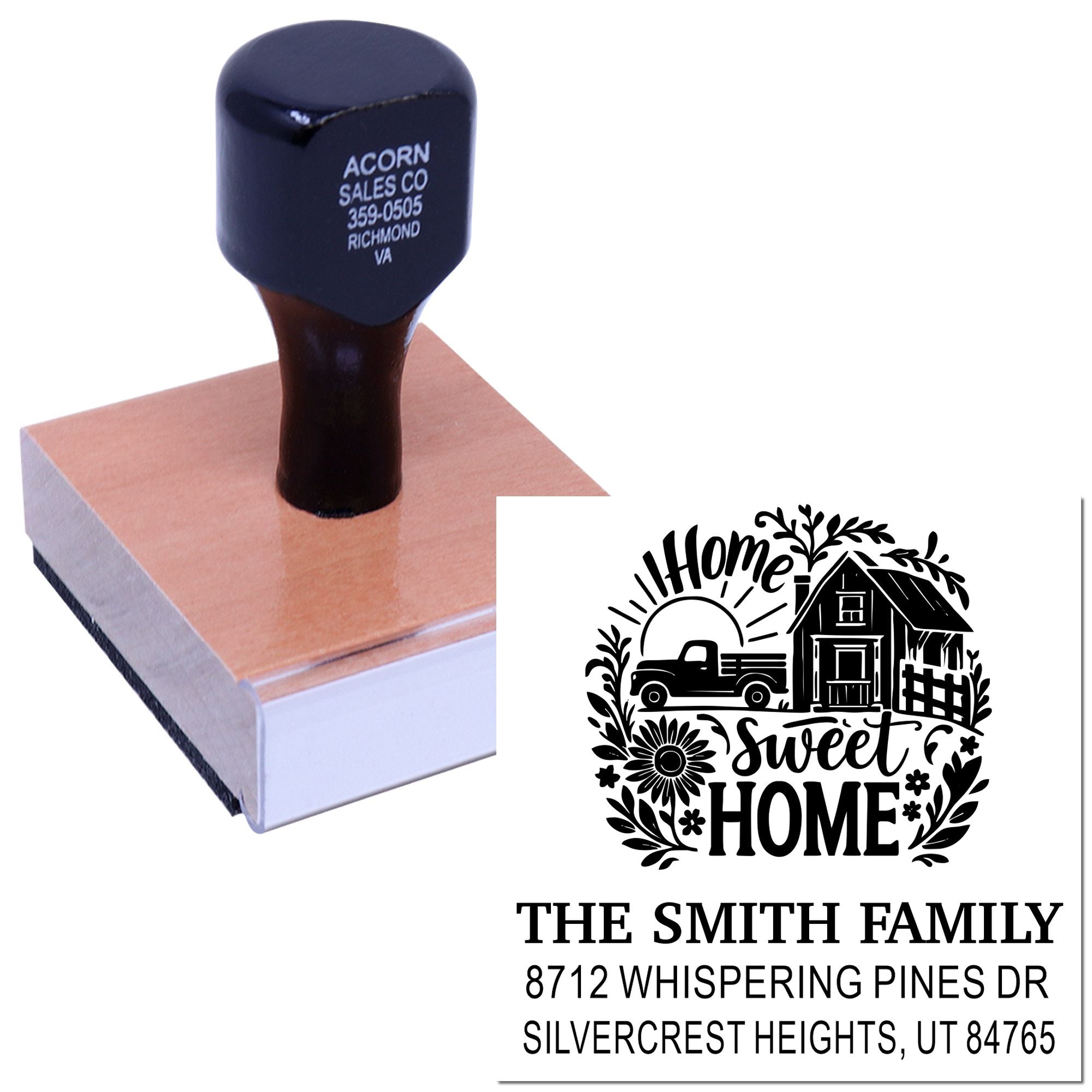 Custom wood handle home address stamp with farmhouse Home Sweet Home design, shown on a stamp block beside the printed family address impression.