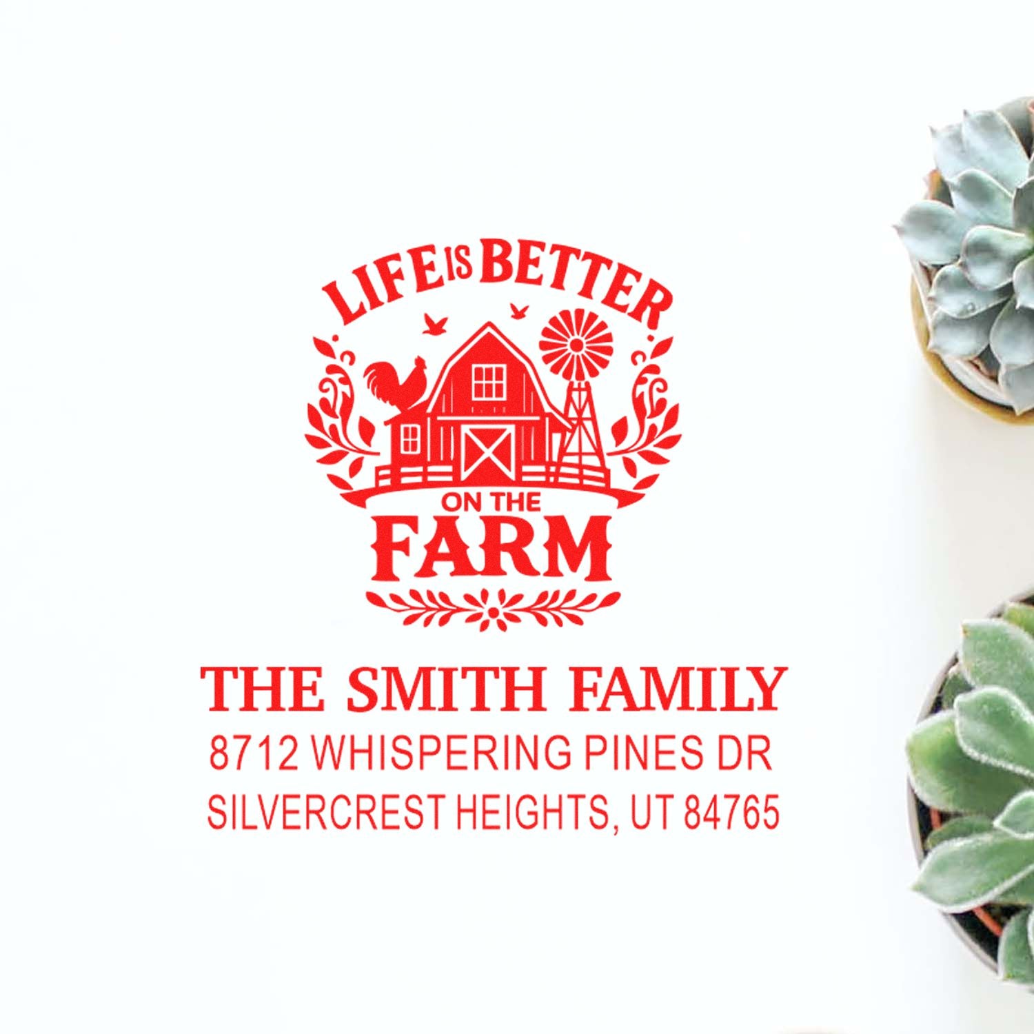 Red personalized return address stamp with barn and windmill, reading Life is Better on the Farm for The Smith Family, 8712 Whispering Pines Dr.