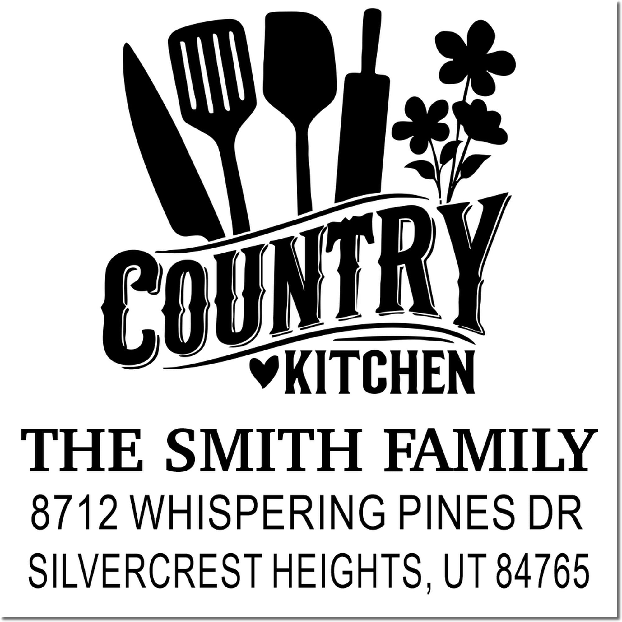 Country Kitchen custom address stamp with kitchen utensils, flowers, The Smith Family name, and Utah address.