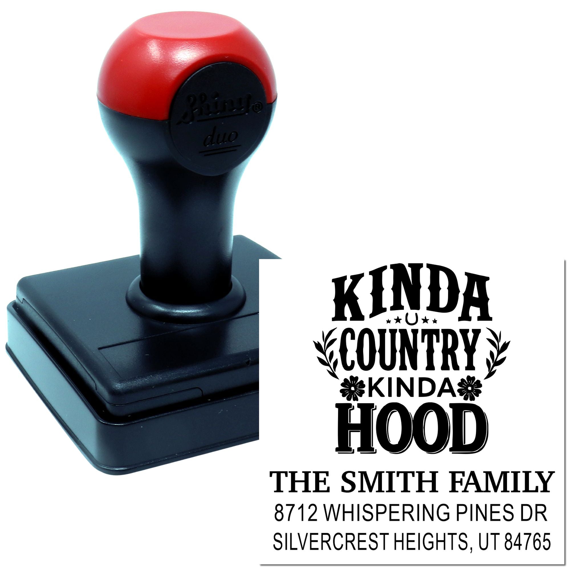 Red-and-black self-inking custom address stamp with Kinda Country Kinda Hood design and family name on a white product display.