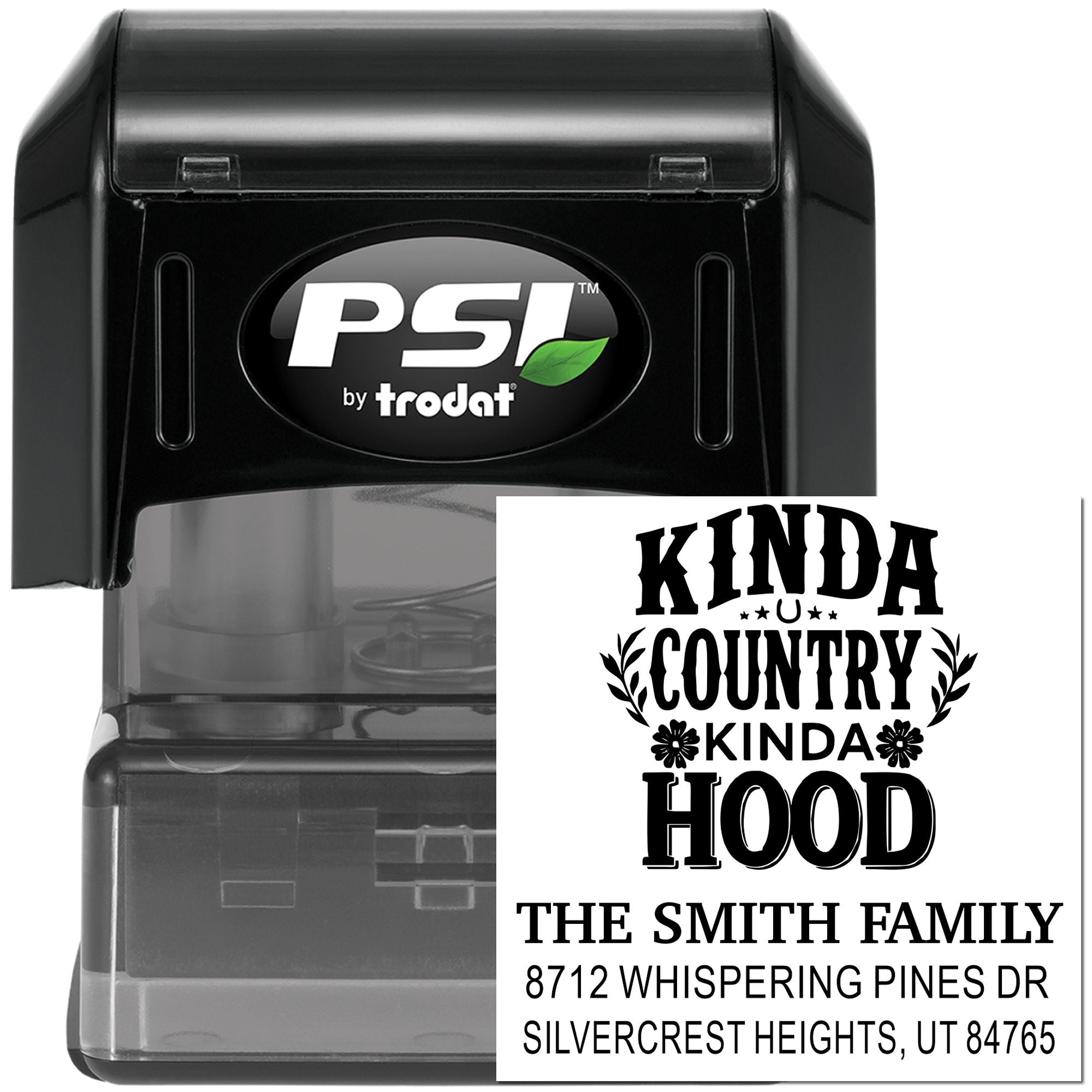 PSI by Trodat self-inking custom address stamp on white background, showing Kinda Country Kinda Hood imprint for The Smith Family in Silvercrest Heights, UT