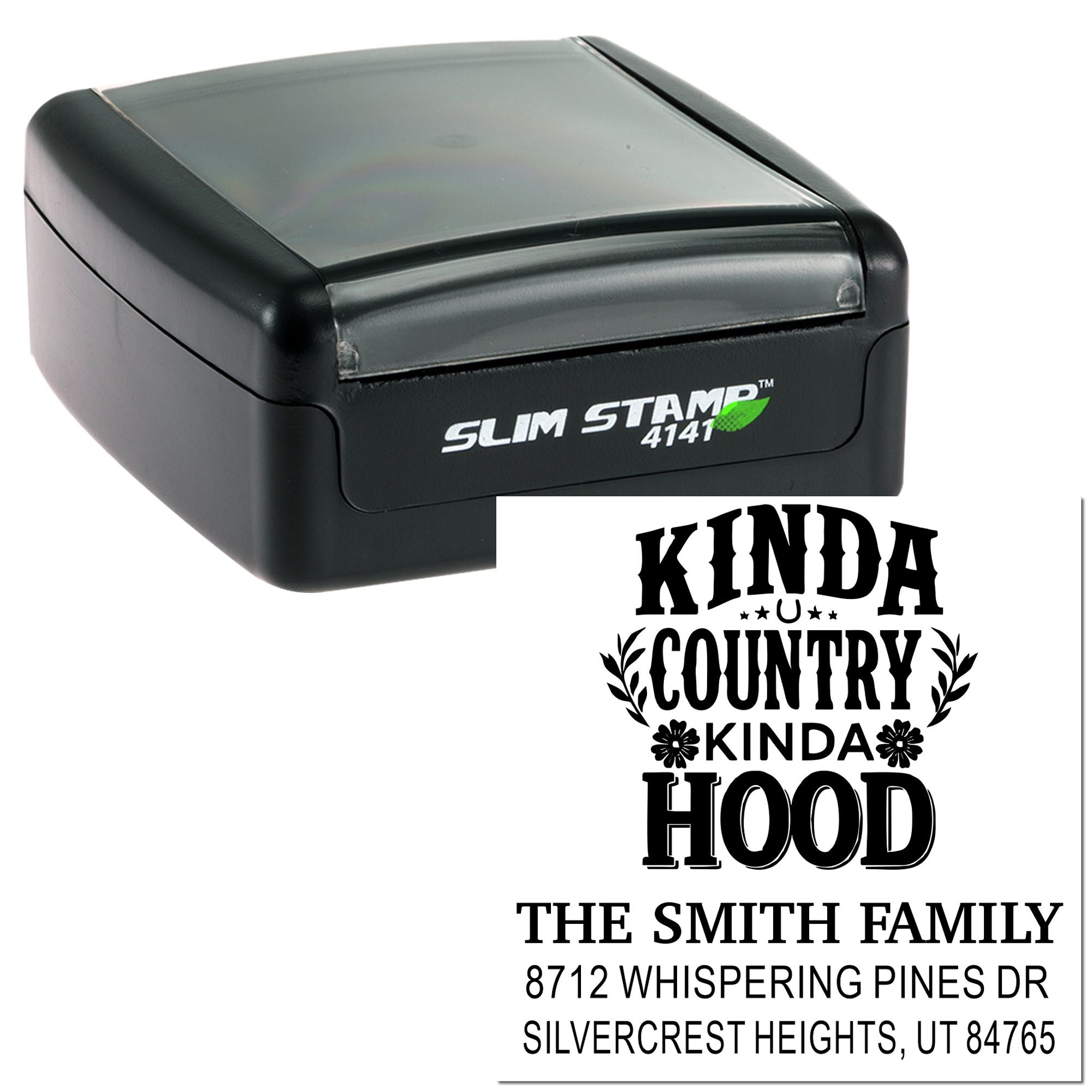 Slim Stamp 4141 custom address stamp featuring Kinda Country Kinda Hood design, family name and Utah address on a white background.