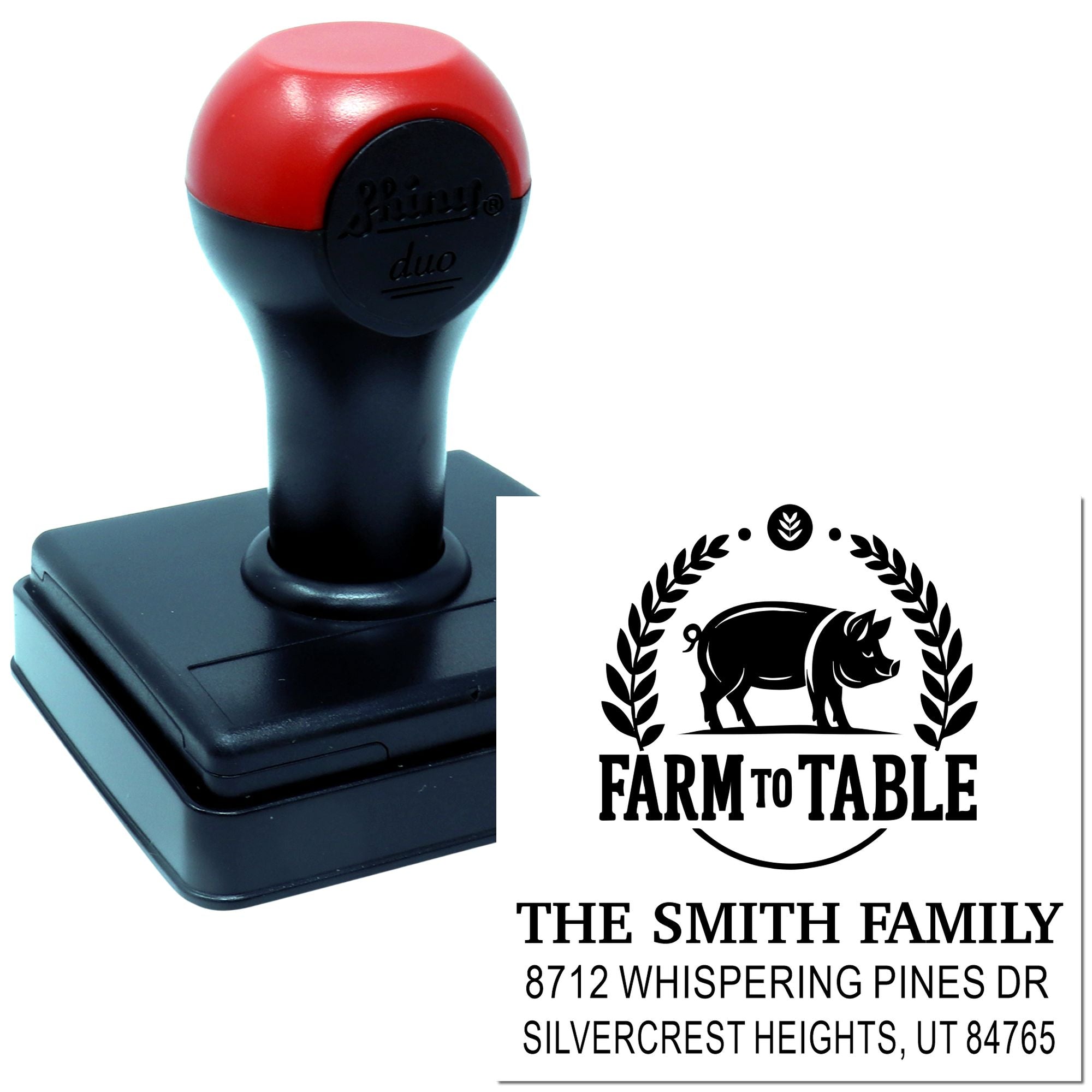 Custom self-inking address stamp with Farm to Table pig logo and The Smith Family address on black base, shown with printed imprint on white background.