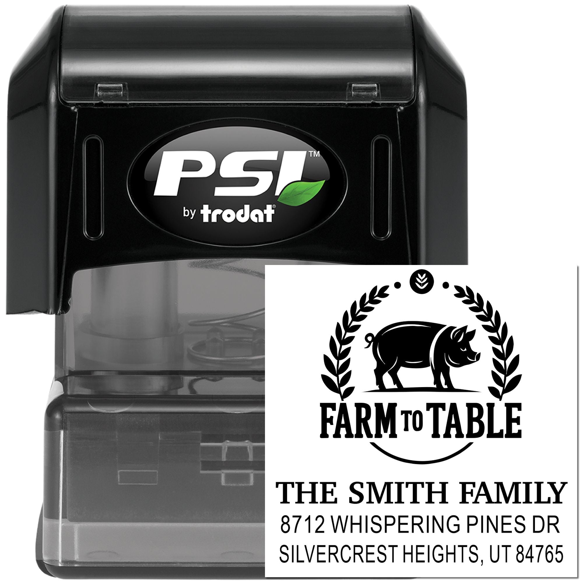 PSI by trodat self-inking stamp with Farm to Table pig logo and Smith family address, shown on a white product background.