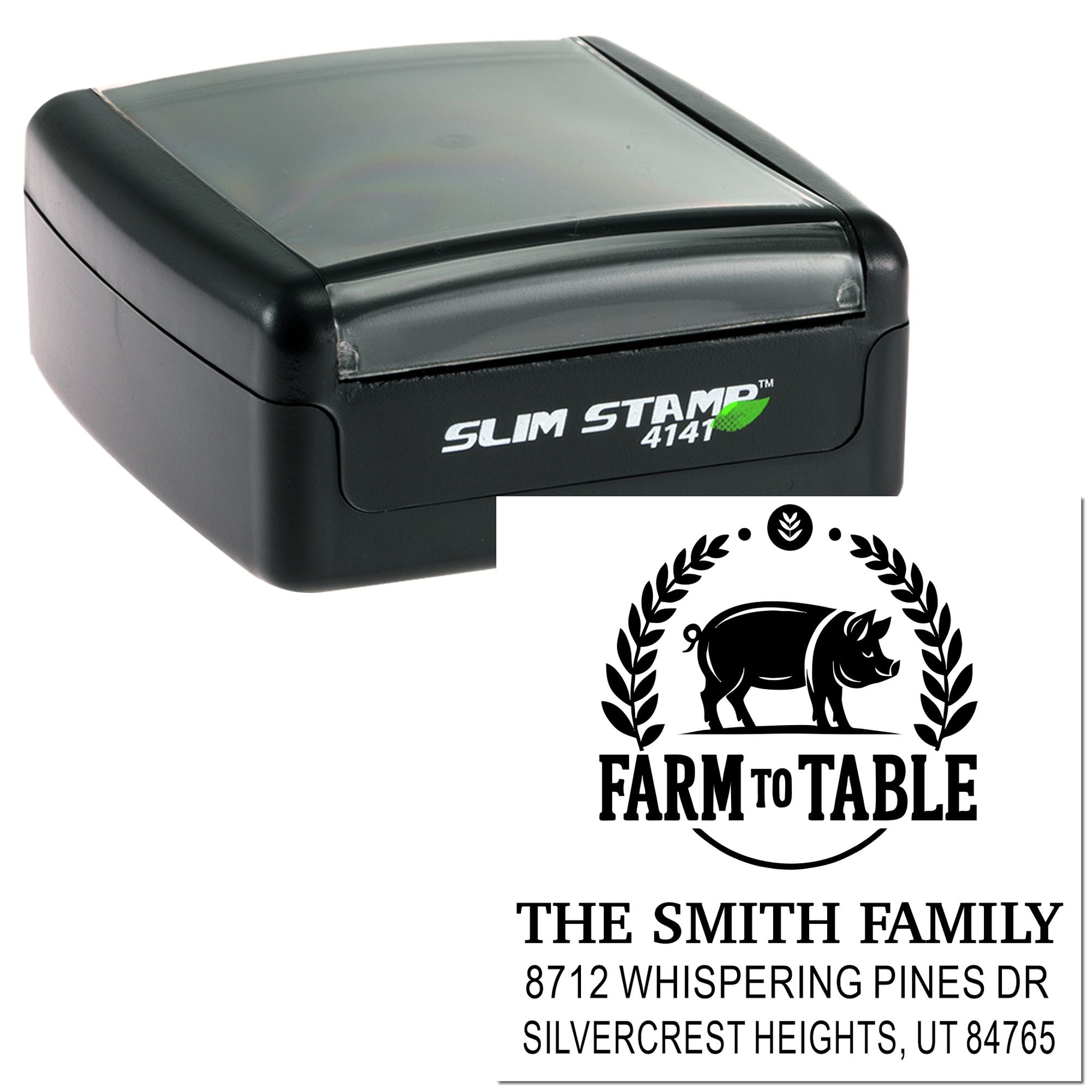 Self-inking Slim Stamp 4141 with custom Farm to Table logo and The Smith Family address imprint on a white background.