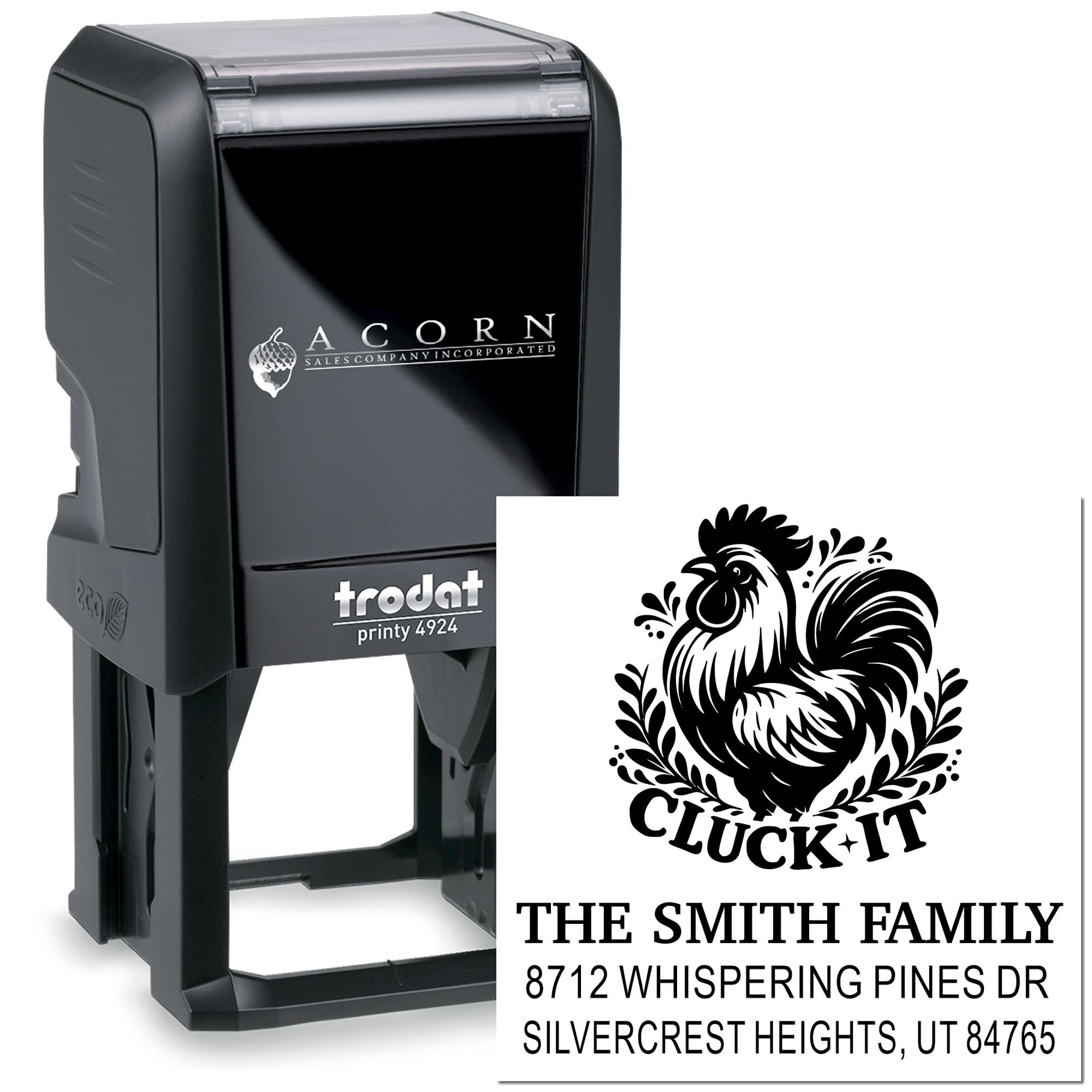 Custom self-inking Trodat stamp with rooster design, CLUCK IT text, and Smith family address on white background.