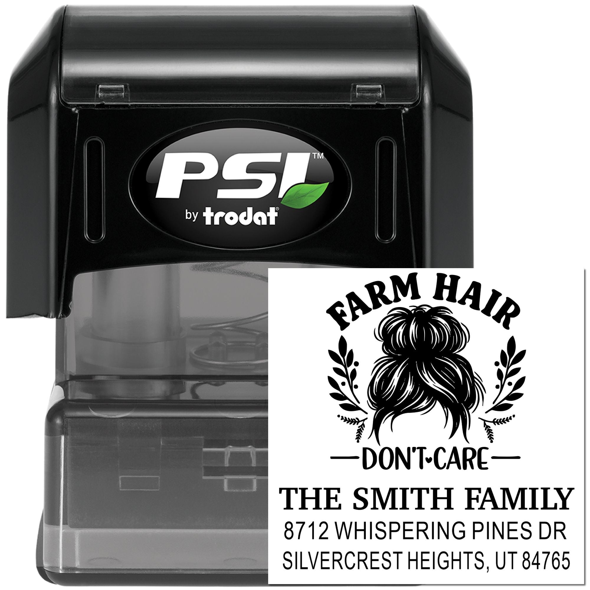 Black PSI by Trodat self-inking personalized address stamp with farmhouse hair design and Smith family return address on white background.