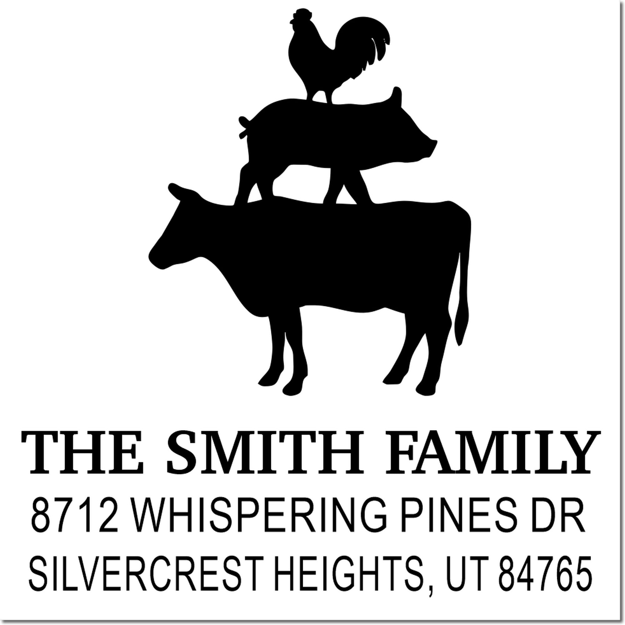 Custom return address stamp with rooster standing on a cow silhouette above The Smith Family and Silvercrest Heights, Utah address.