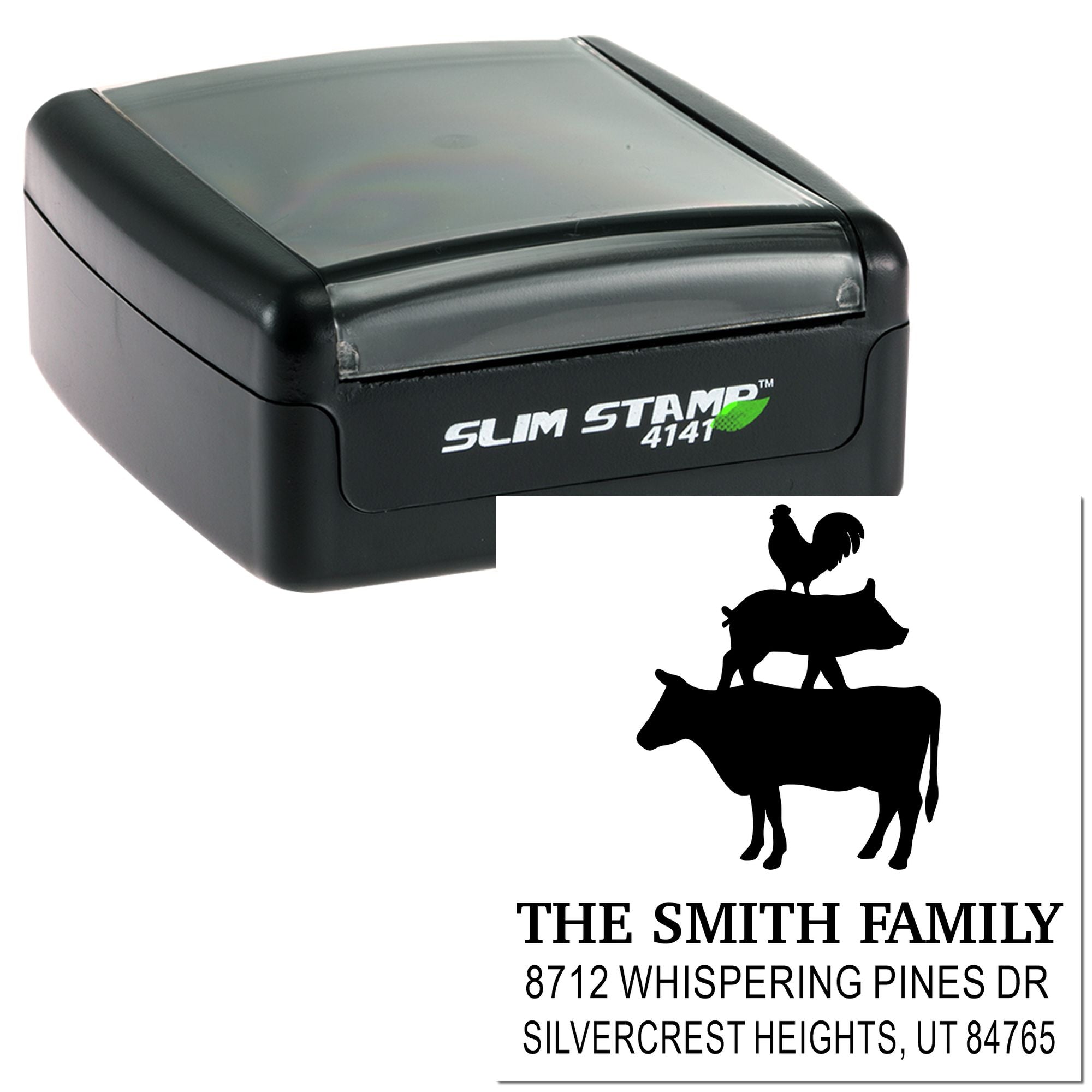 Custom self-inking address stamp with farm animal design, showing rooster, pig and cow, plus The Smith Family name and Utah address.
