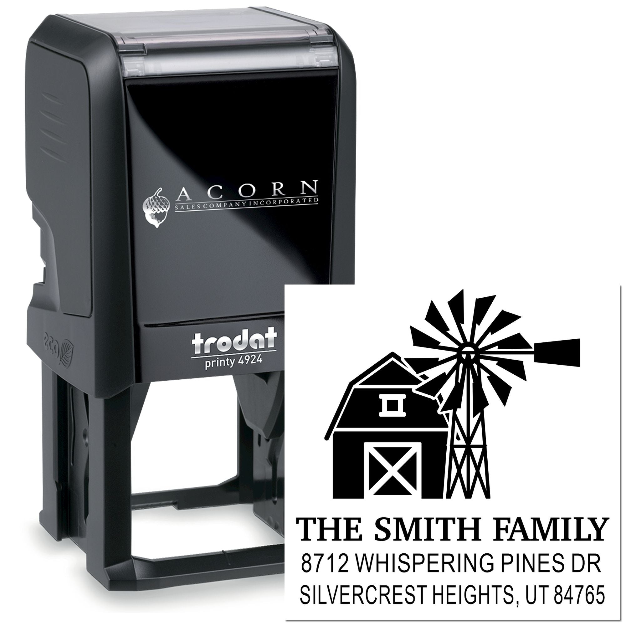 Custom self-inking address stamp with barn and windmill design, showing The Smith Family and Silvercrest Heights, UT mailing address.