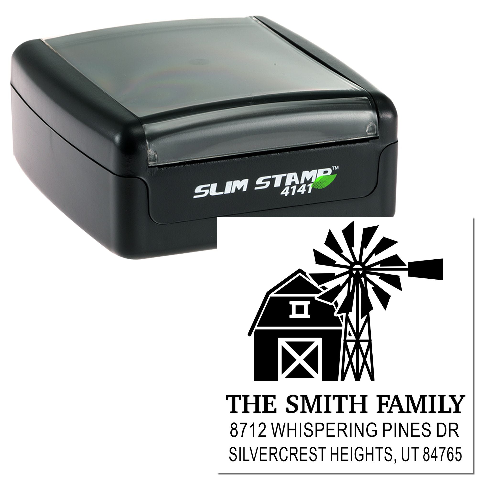 Custom Slim Stamp 4141 with farm windmill design and return address for The Smith Family, 8712 Whispering Pines Dr, Silvercrest Heights, UT