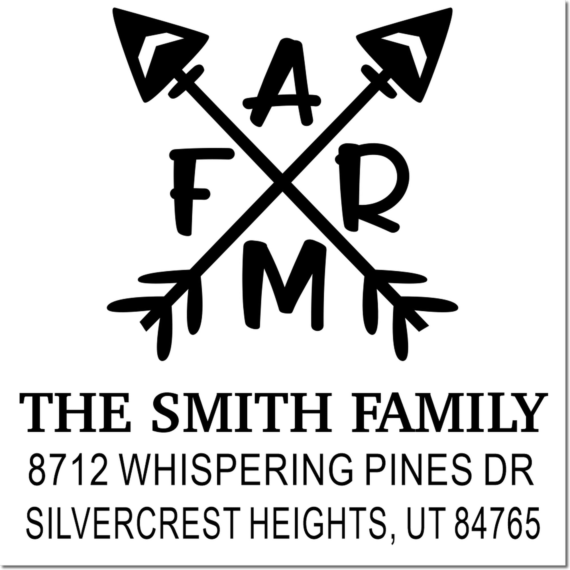Custom family return address stamp with arrow monogram, THE SMITH FAMILY, 8712 Whispering Pines Dr, Silvercrest Heights, UT 84765.
