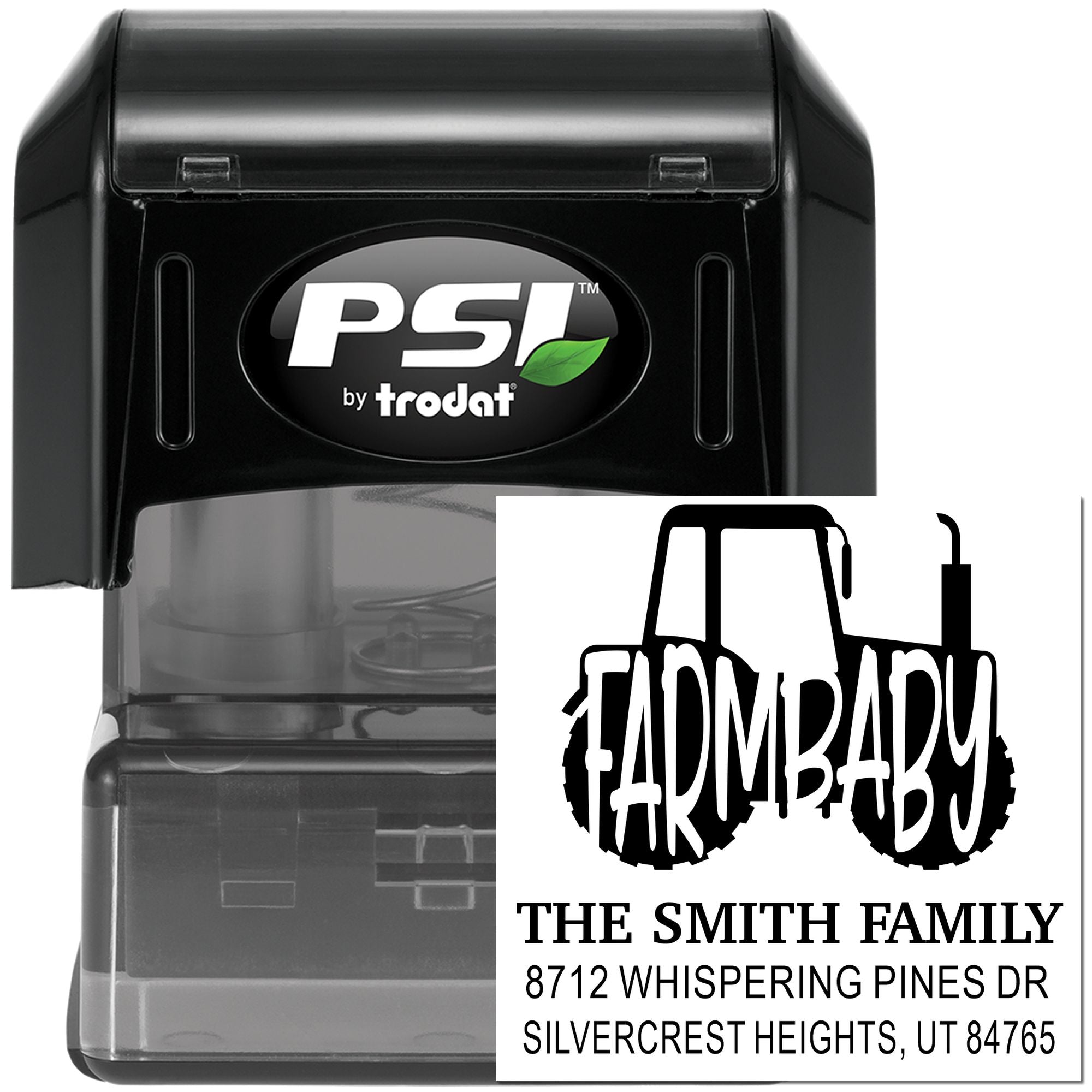 PSI by Trodat self-inking address stamp with black FARMBABY tractor-wheel design, The Smith Family name, and Silvercrest Heights, UT address.