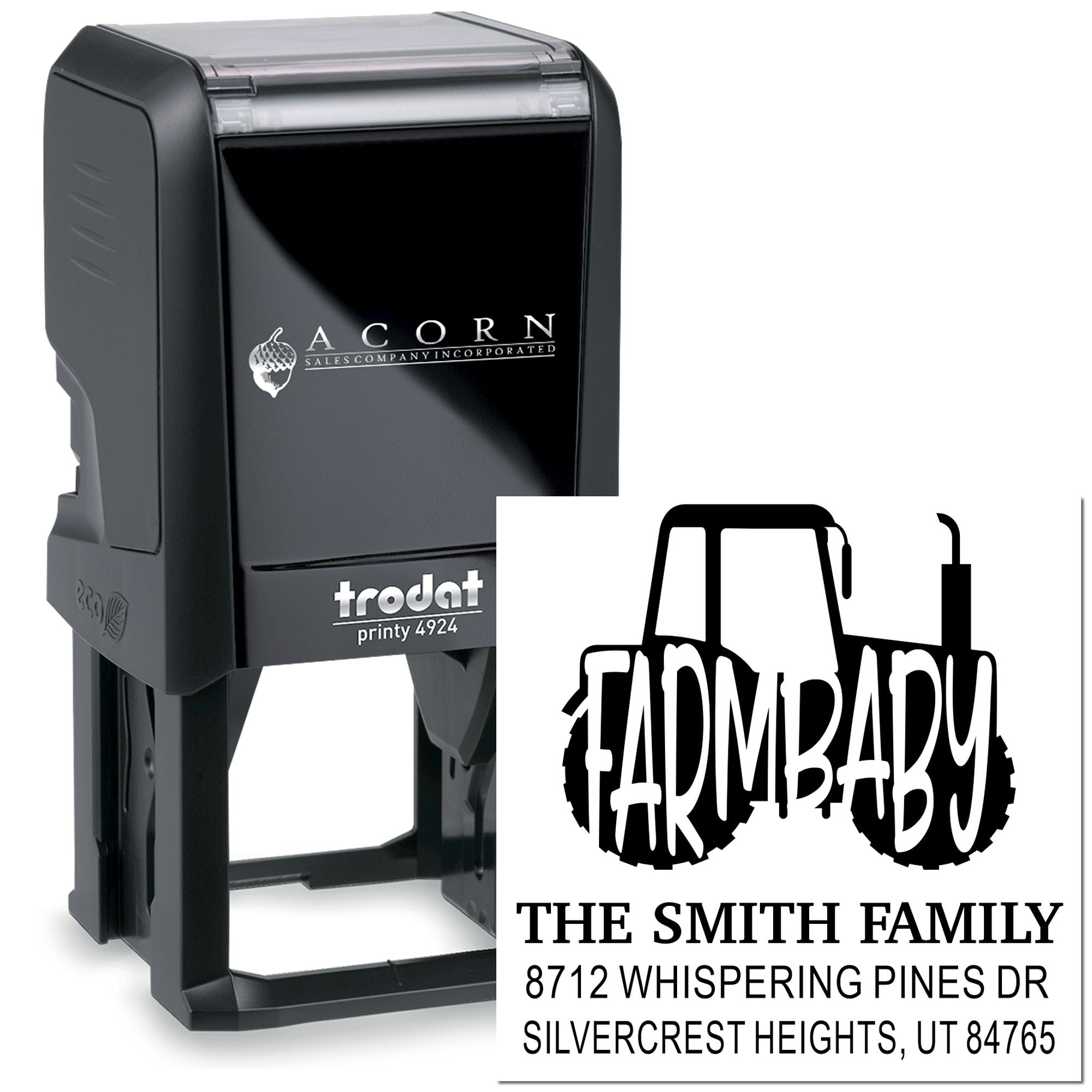 Custom address stamp, Trodat self-inking stamp with tractor design, printing FARMBABY, The Smith Family, and a Utah address on white.