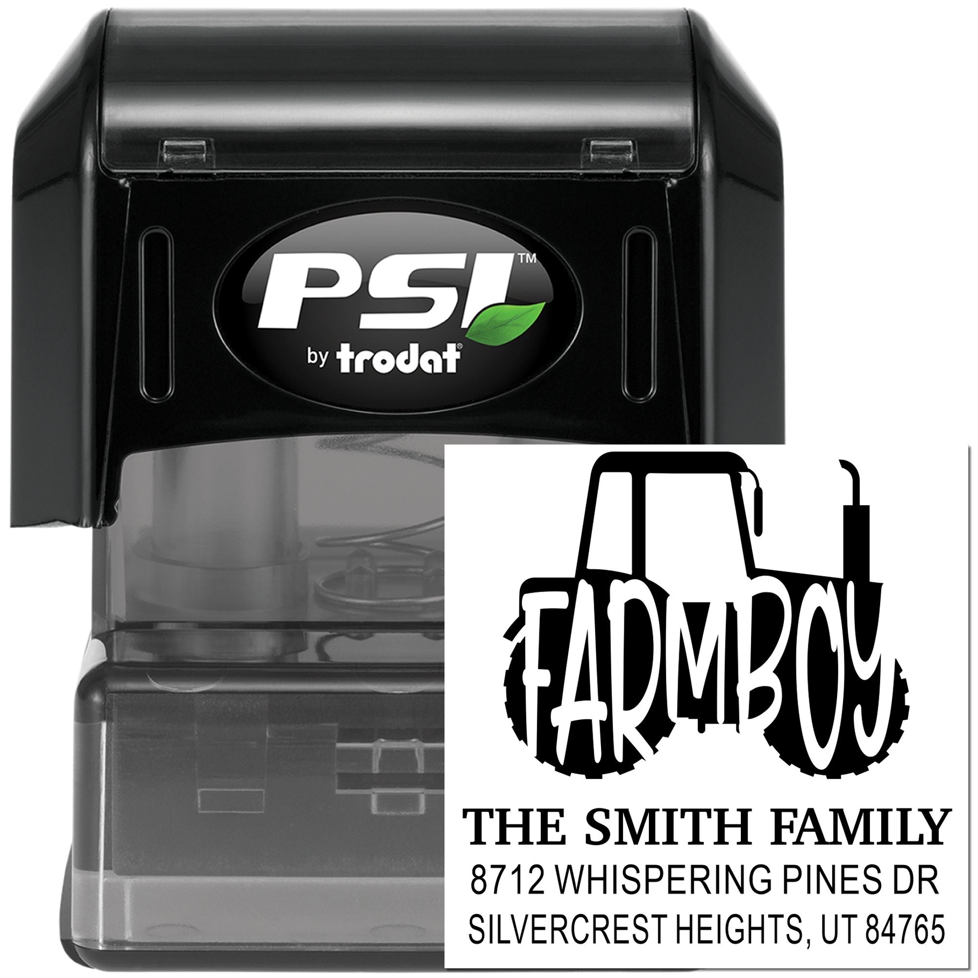 Black PSI by Trodat self-inking address stamp with custom Farmboy family return-address imprint on white background.
