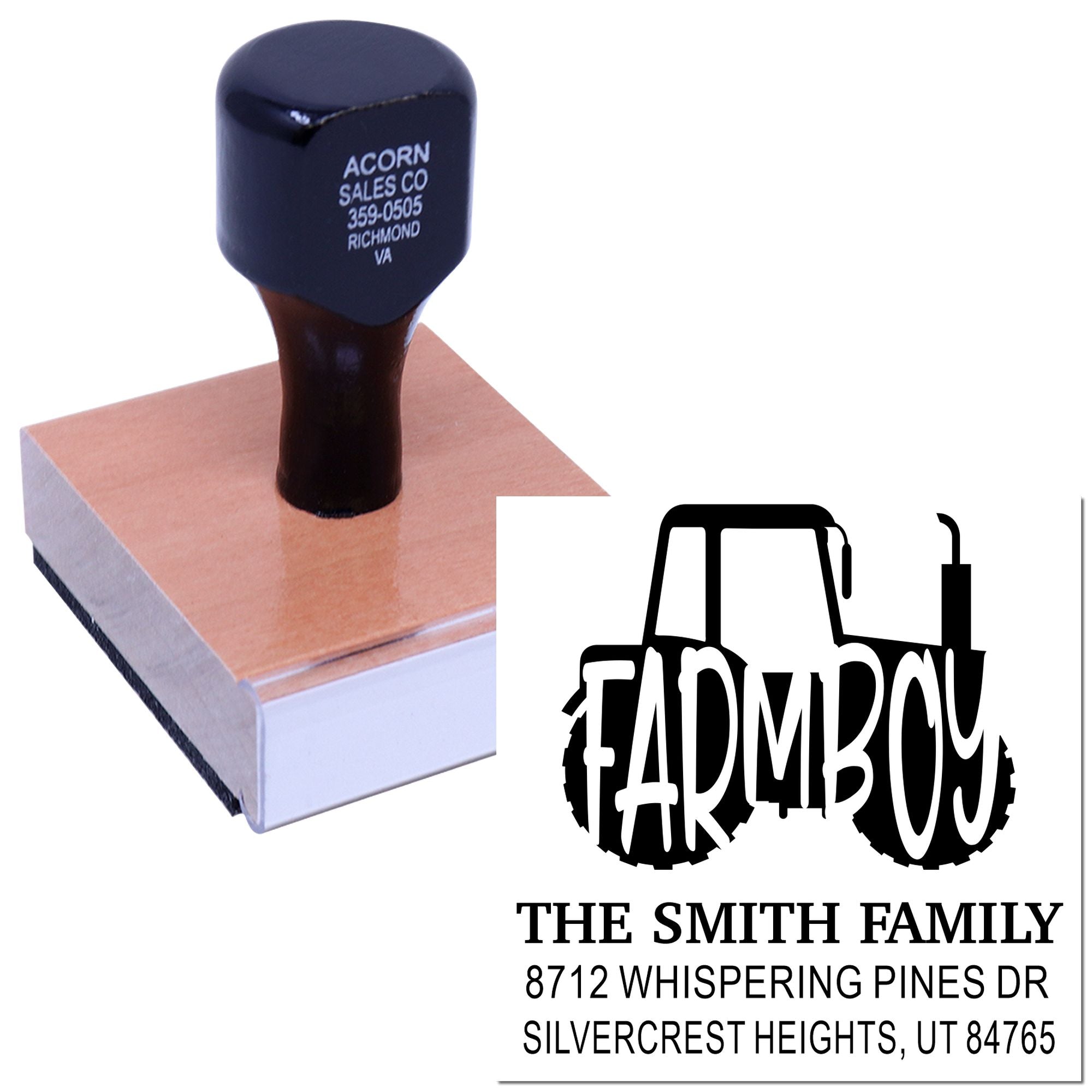 Custom self-inking stamp with tractor-themed farm family return address design, shown on a white background with imprint and stamp handle.