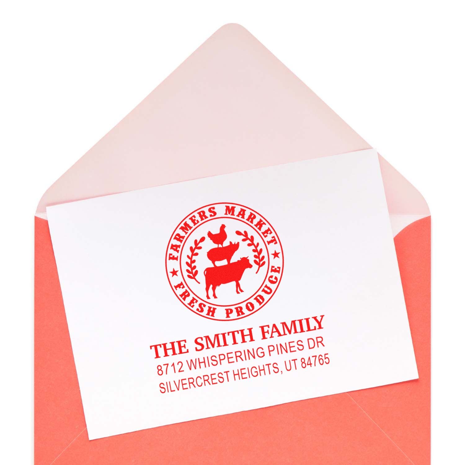 Custom red Farmers Market Fresh Produce return address stamp on white card in pink envelope, featuring The Smith Family and farm animals