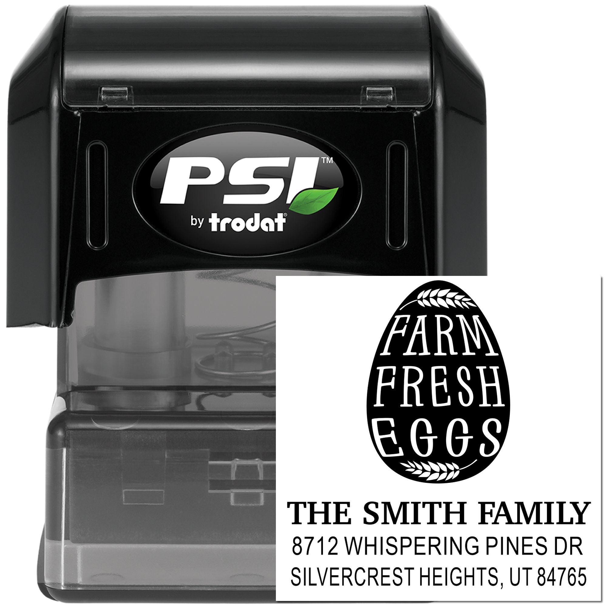 PSI by trodat self-inking address stamp with Farm Fresh Eggs design and The Smith Family return address imprint on a black stamp case, on white background