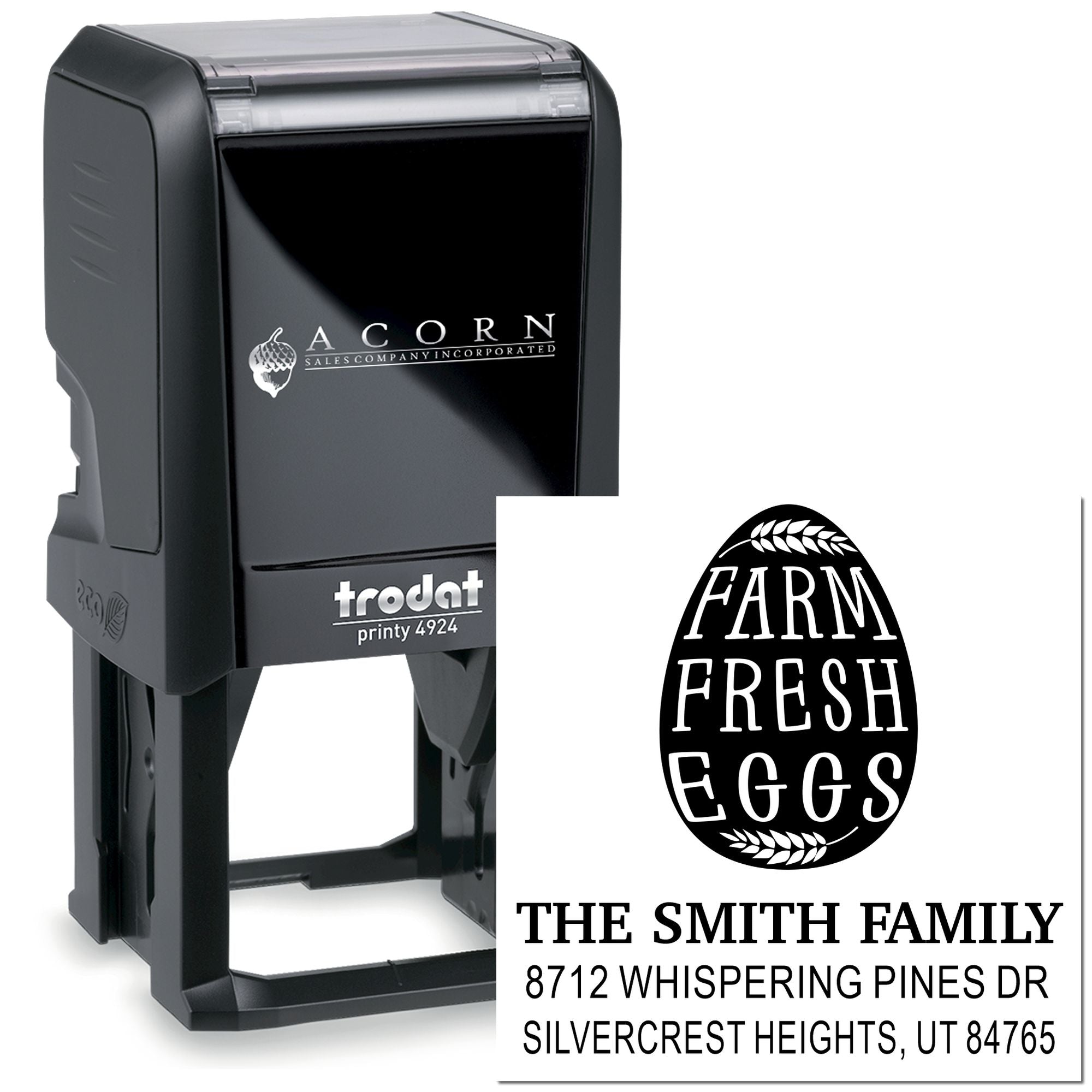 Custom self-inking stamp by Trodat with Farm Fresh Eggs design and The Smith Family address on a white background.