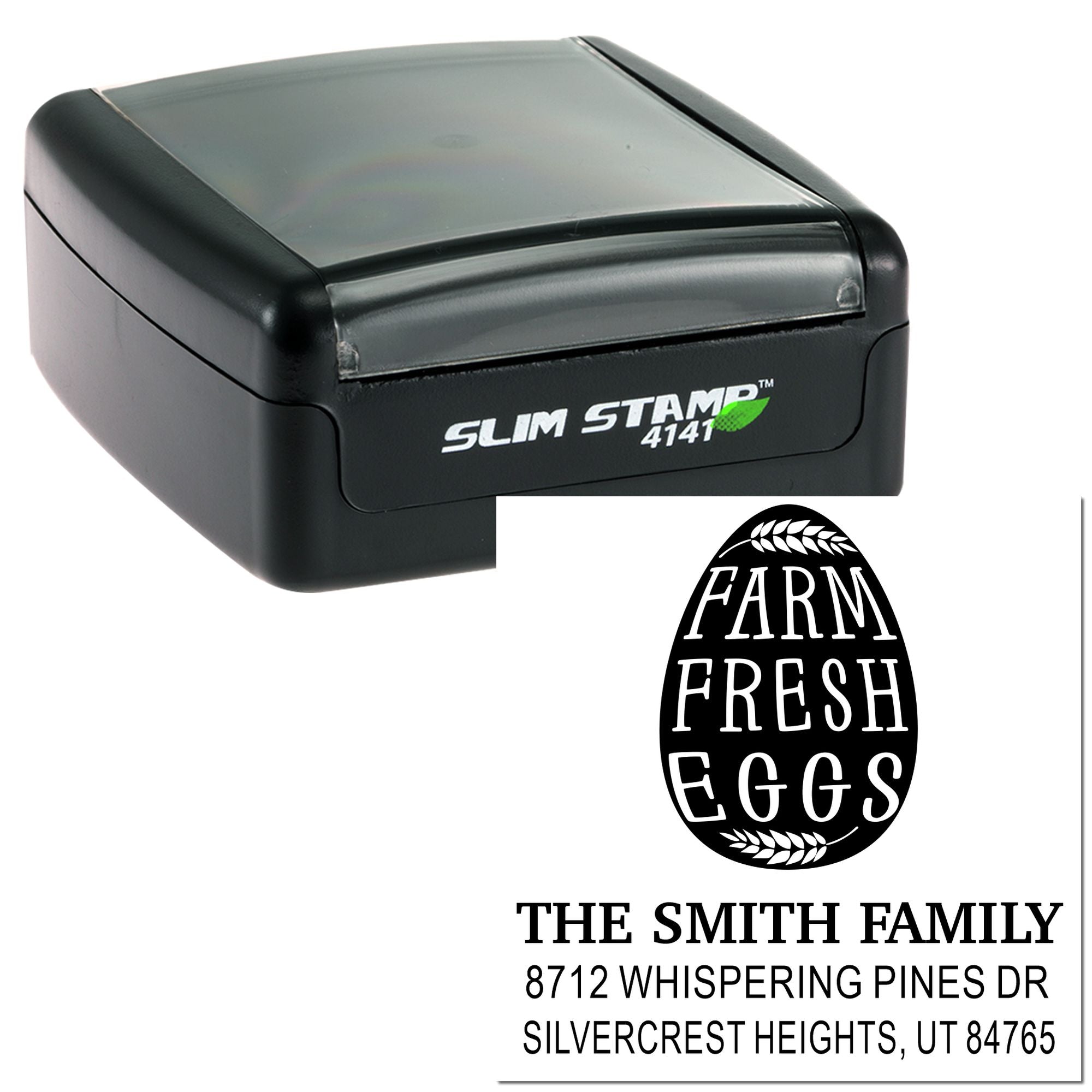 Self-inking Slim Stamp 4141 with custom Farm Fresh Eggs design and The Smith Family address imprint on white background.