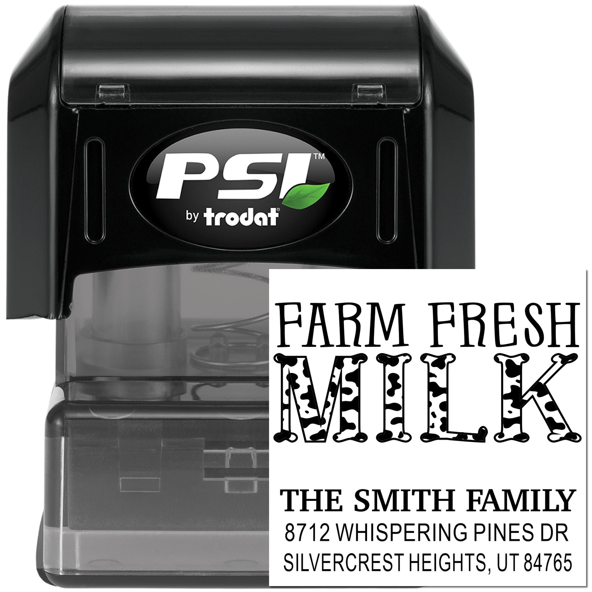 PSI by Trodat self-inking stamp with Farm Fresh Milk and Smith Family address on black case, displayed on white background.