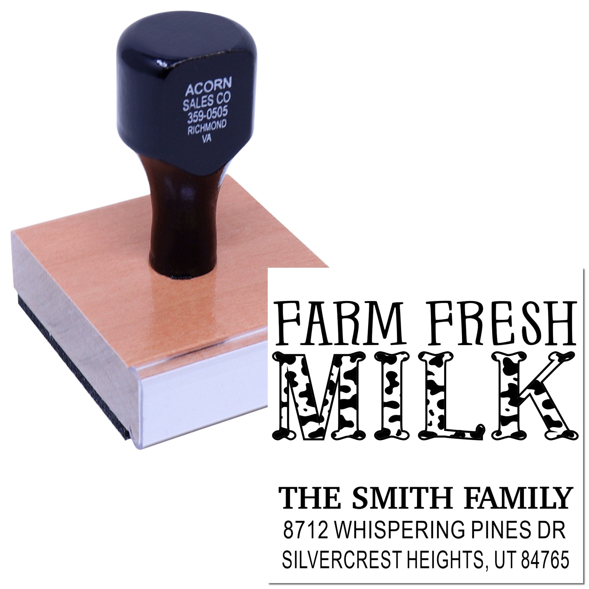 Custom self-inking stamp with Farm Fresh Milk, The Smith Family name and address on a wooden block, shown beside the stamped design on white background.