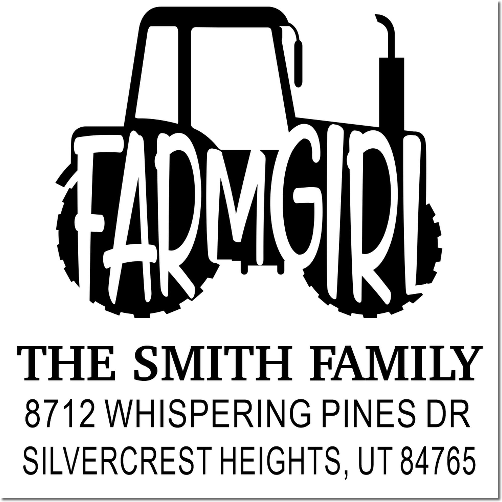Personalized tractor address stamp for The Smith Family with black tractor silhouette, 8712 Whispering Pines Dr, Silvercrest Heights, UT.