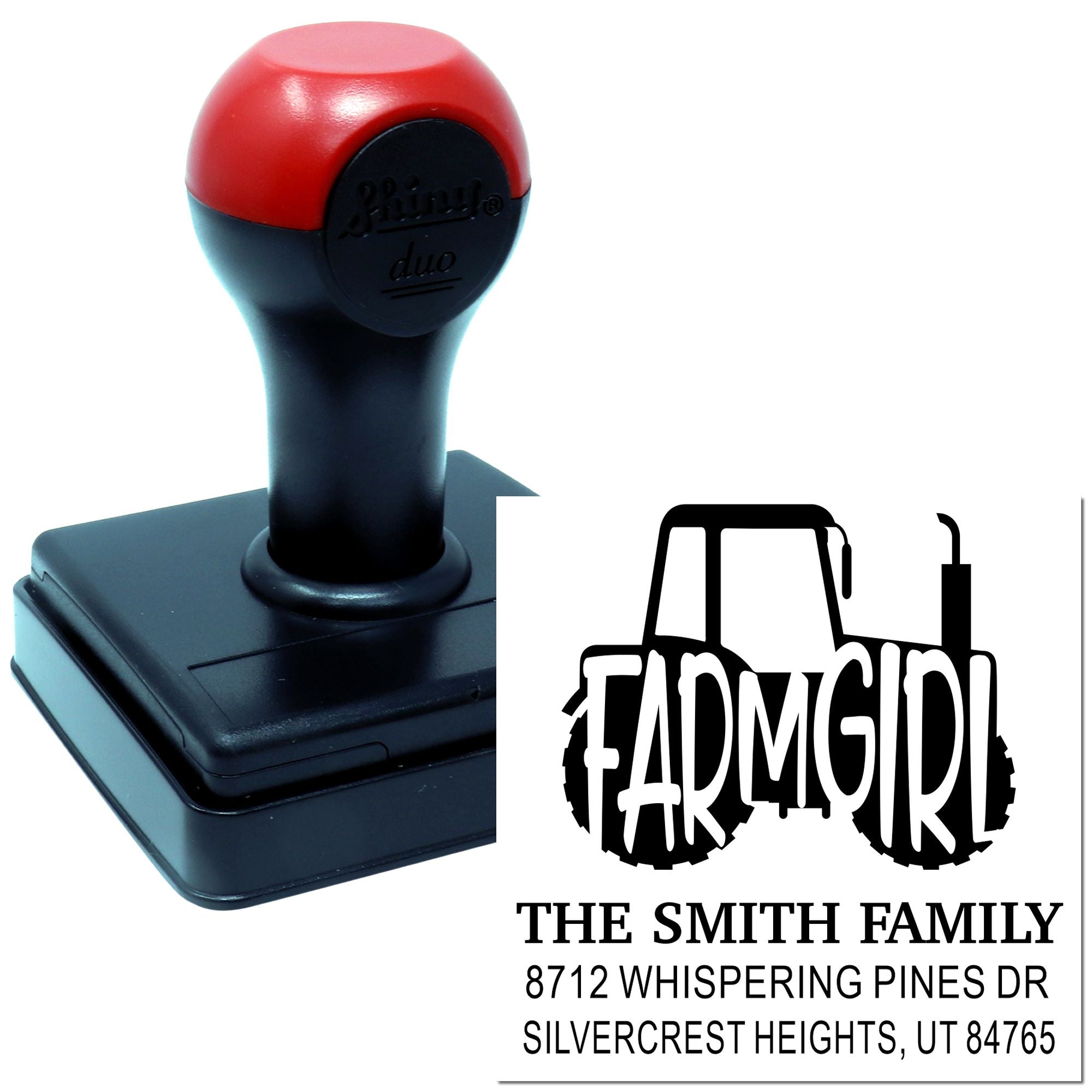 Personalized self-inking address stamp with tractor logo for The Smith Family, showing black and red stamp and custom return address imprint.