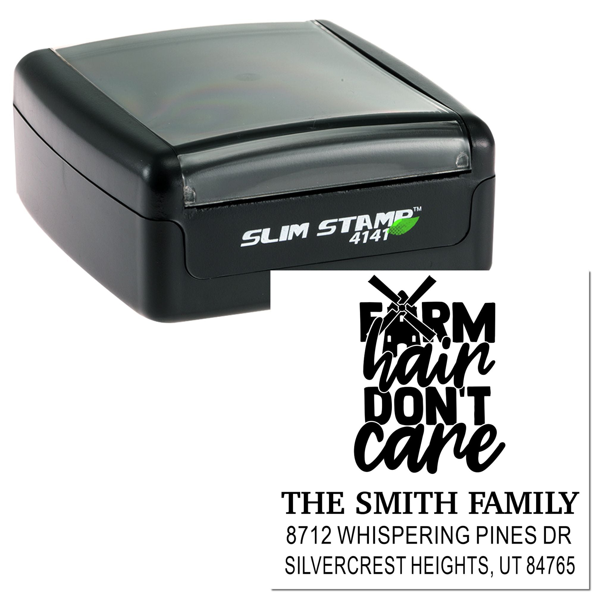 Slim Stamp 4141 self-inking address stamp with custom Farm Hain Dont Care design, family name, and address on a white background.
