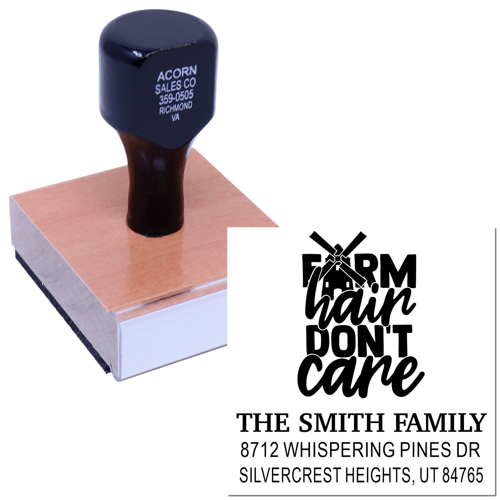 Custom self-inking rubber address stamp with Farm Hair Dont Care family design, shown on a wooden block against a white background.