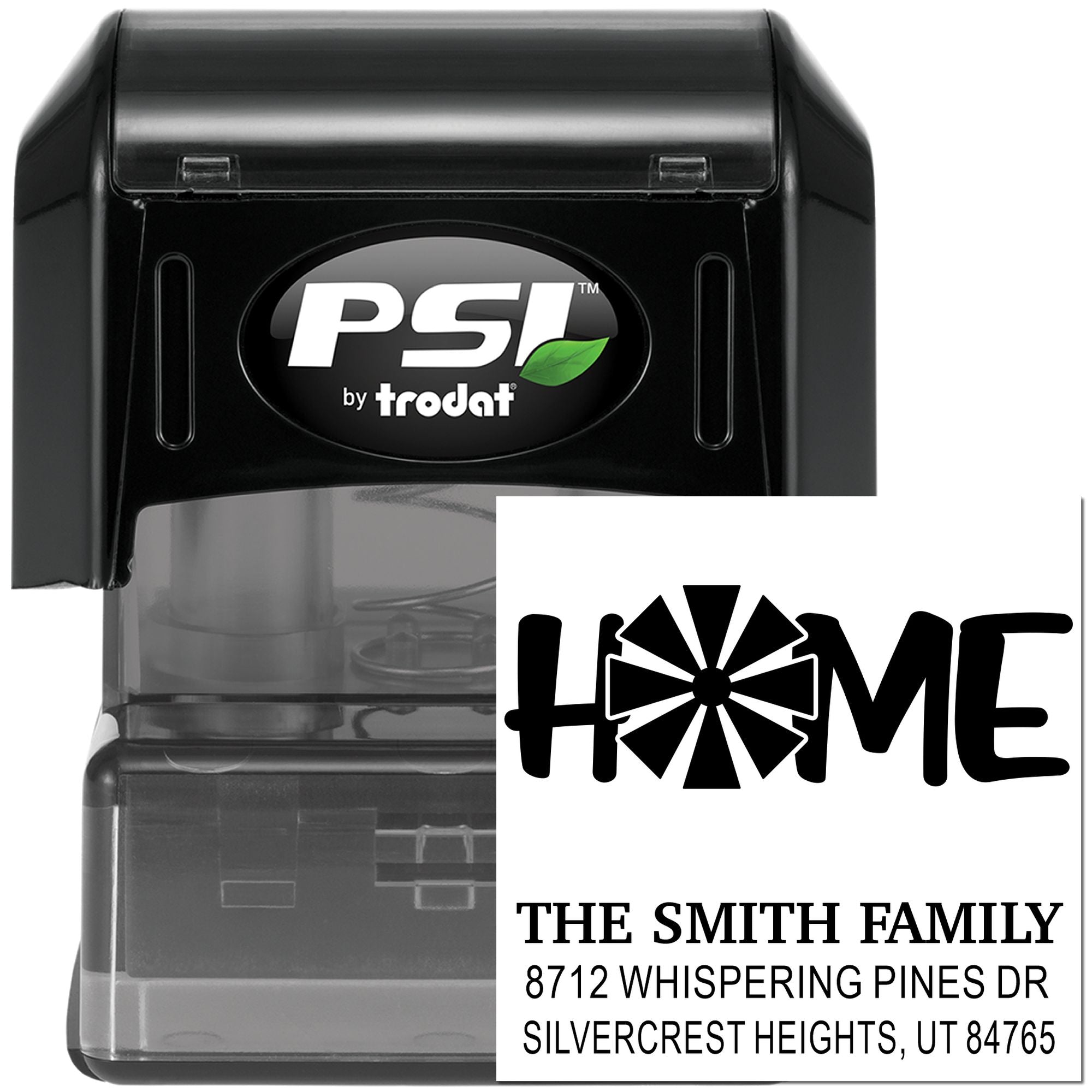 PSI by Trodat self-inking home address stamp with custom HOME design and Smith family address, shown on a white product background.