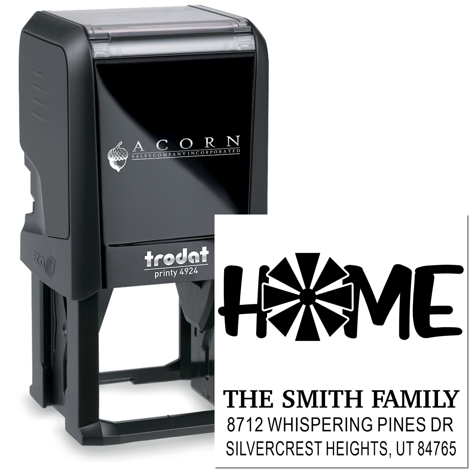 Custom self-inking address stamp featuring HOME design for The Smith Family, with Silvercrest Heights, UT address on a black Trodat Printy stamp.