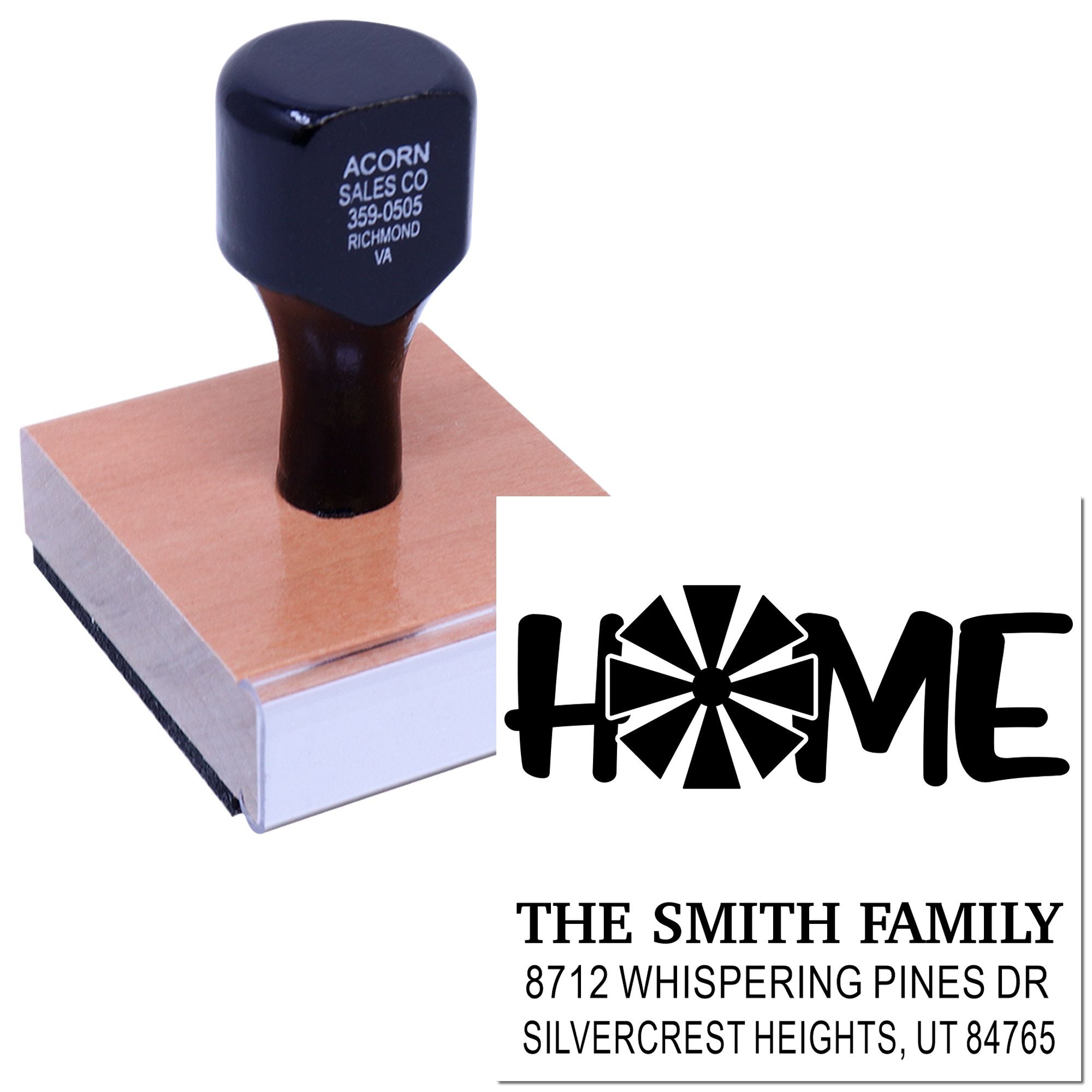 Custom self-inking address stamp with black handle imprint, showing HOME design and The Smith Family mailing address on a white background.