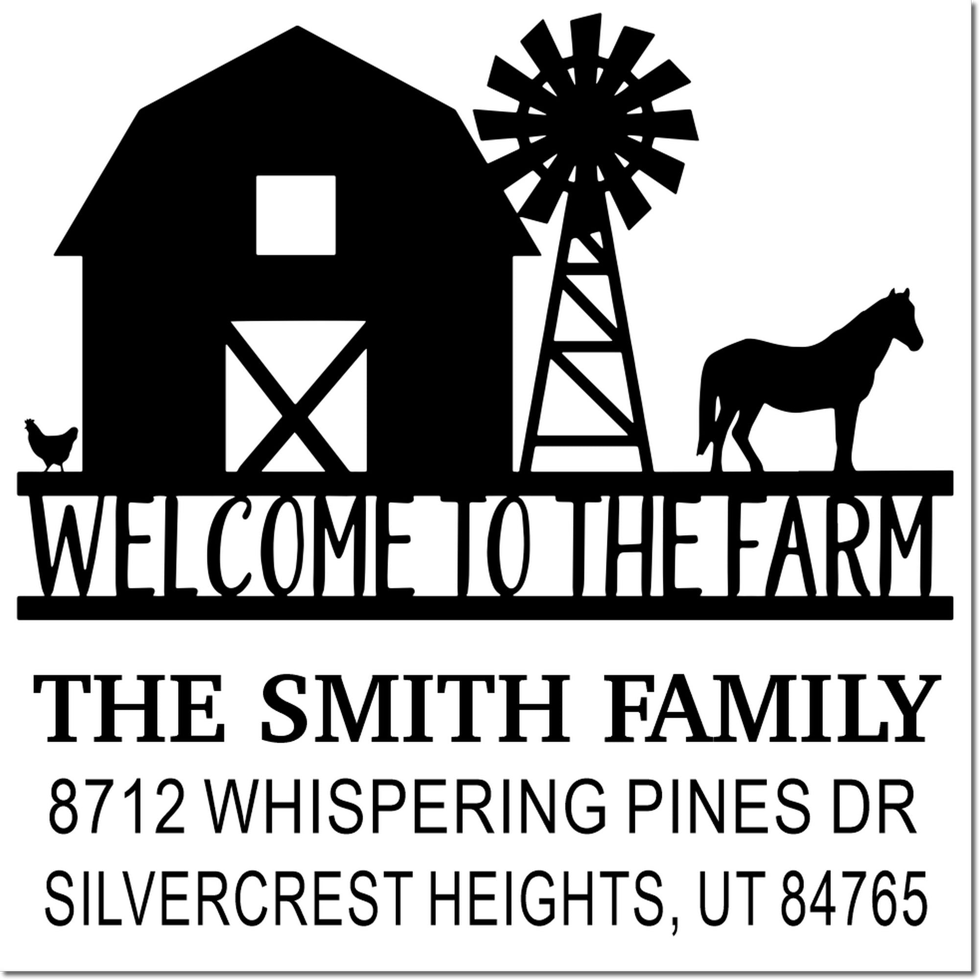 Farm-themed custom address stamp with barn, windmill, horse, chicken, and Welcome to the Farm for The Smith Family.