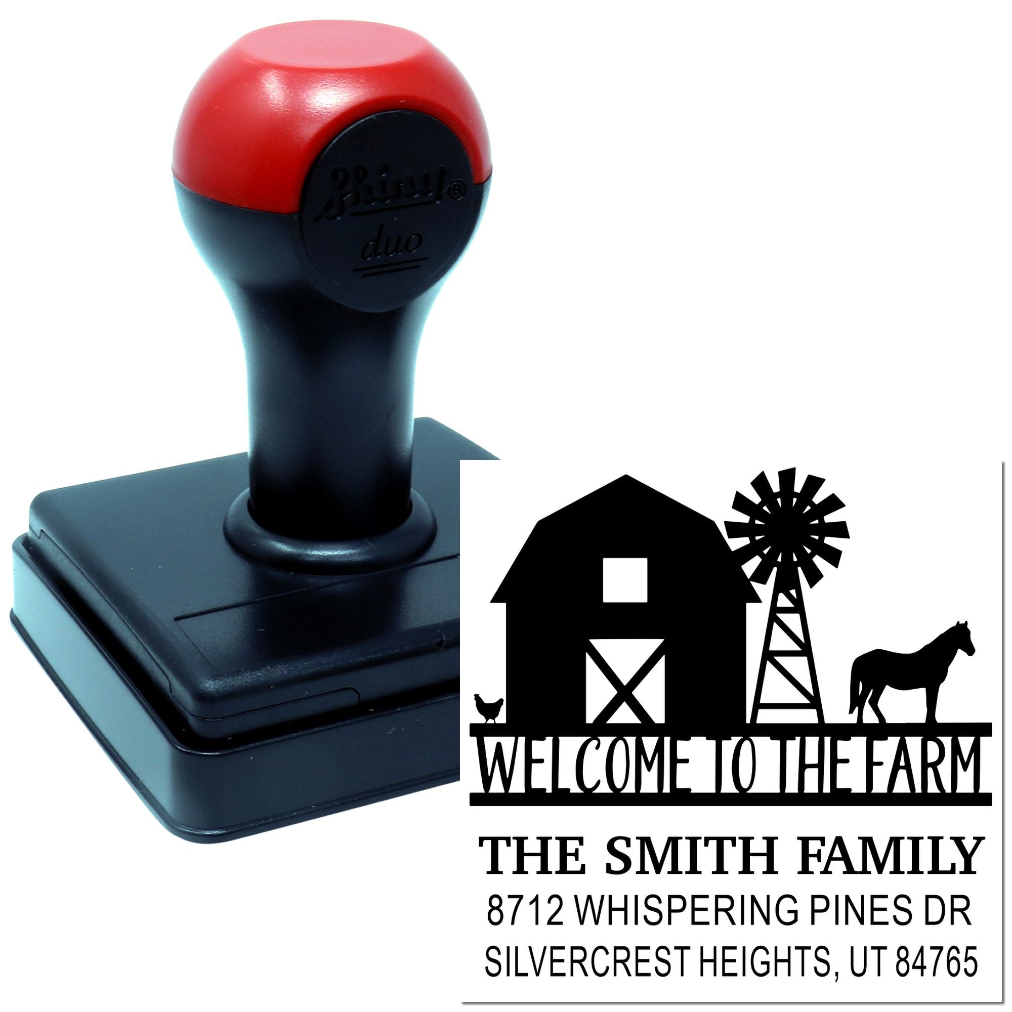 Custom self-inking farm address stamp with barn, windmill and horse design, reading Welcome to the Farm for The Smith Family, Silvercrest Heights.