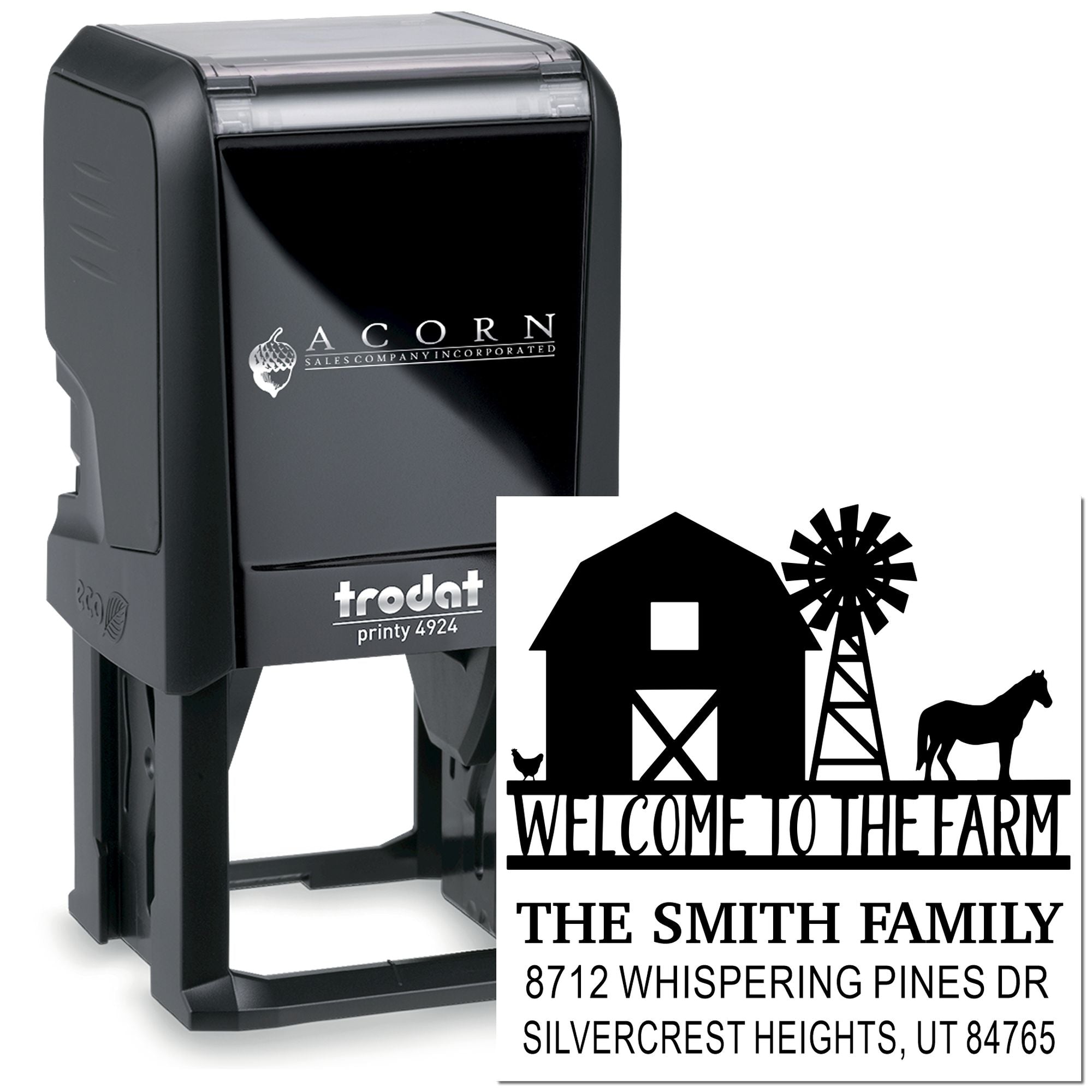 Custom self-inking Trodat stamp with Welcome to the Farm farmhouse, windmill, horse and address for The Smith Family.