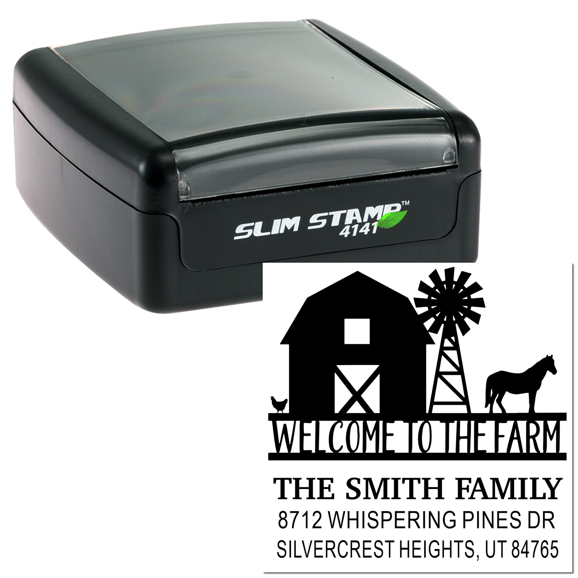 Slim self-inking farm address stamp with barn, windmill and horse design, reading Welcome to the Farm for The Smith Family, Silvercrest Heights, UT.