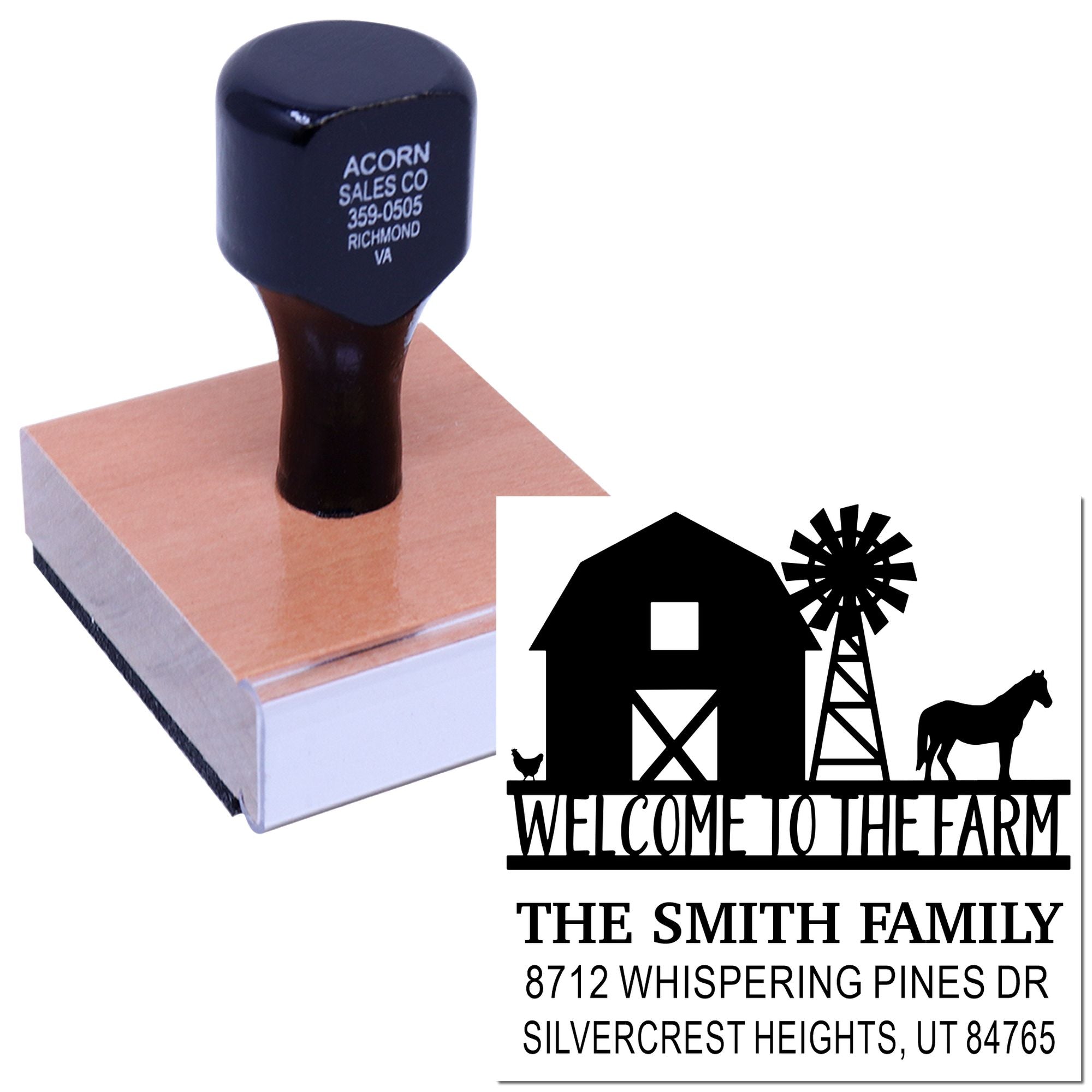 Custom farm return address rubber stamp with barn, windmill and horse design, shown on a wooden block with The Smith Family sample imprint.
