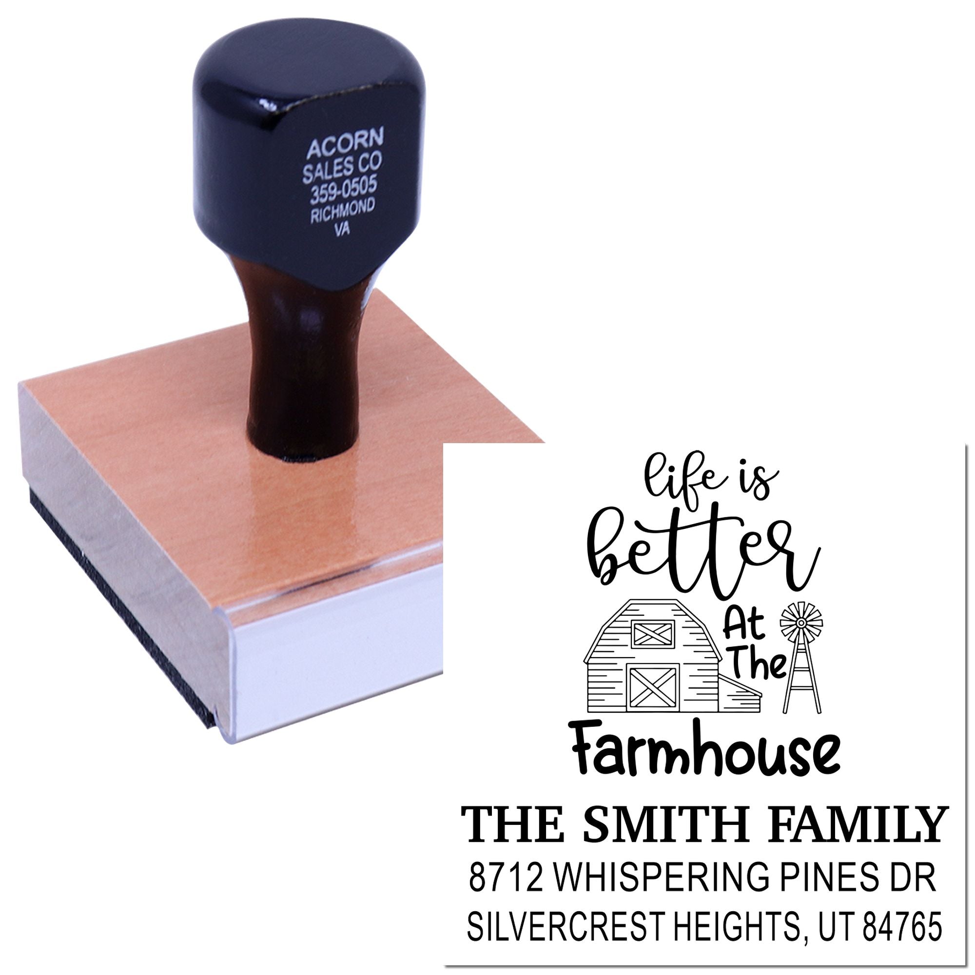 Custom farmhouse address rubber stamp on white background, featuring barn and windmill design, life is better at the farmhouse, family name, and address.