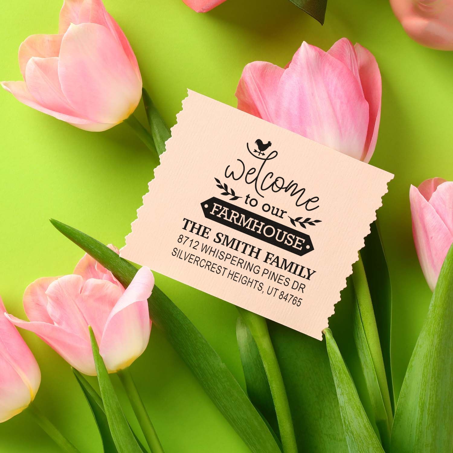Custom farmhouse return address stamp with Welcome to our Farmhouse design on pink tulips and green background for The Smith Family.