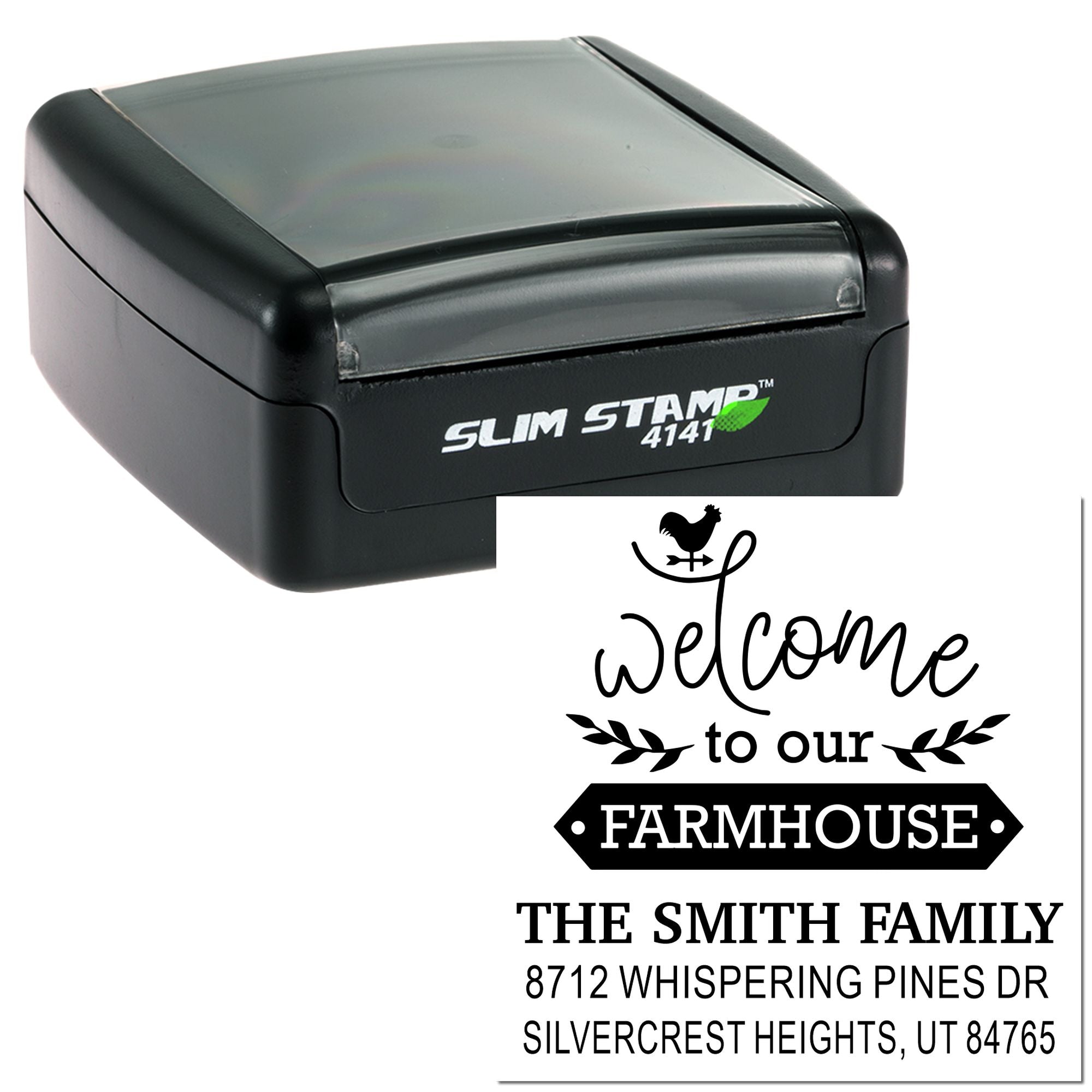 Custom self-inking Slim Stamp 4141 featuring a farmhouse welcome address design with rooster, family name, and address on a white background.