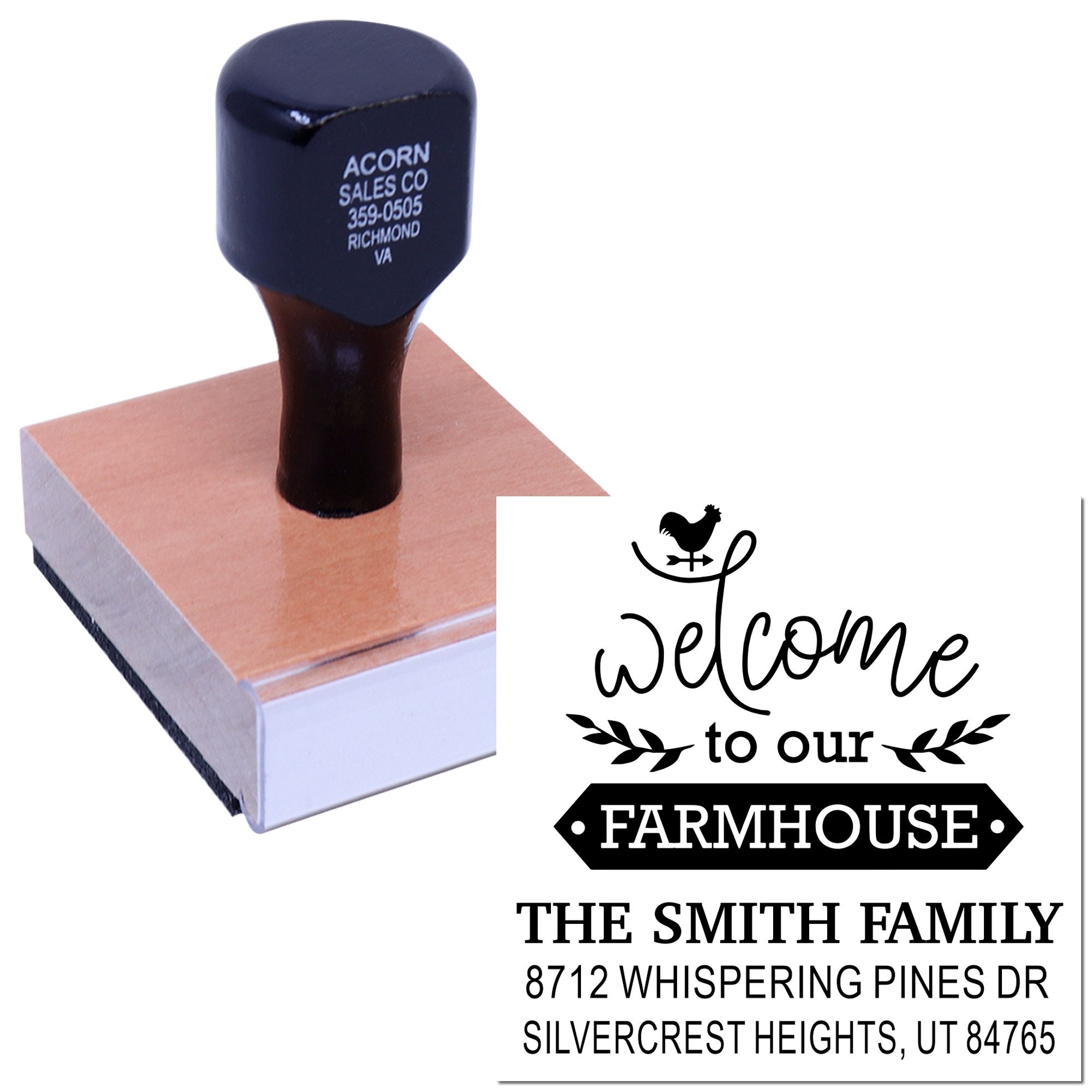 Custom wood rubber stamp on white background, imprinting a Welcome to Our Farmhouse design with The Smith Family address.
