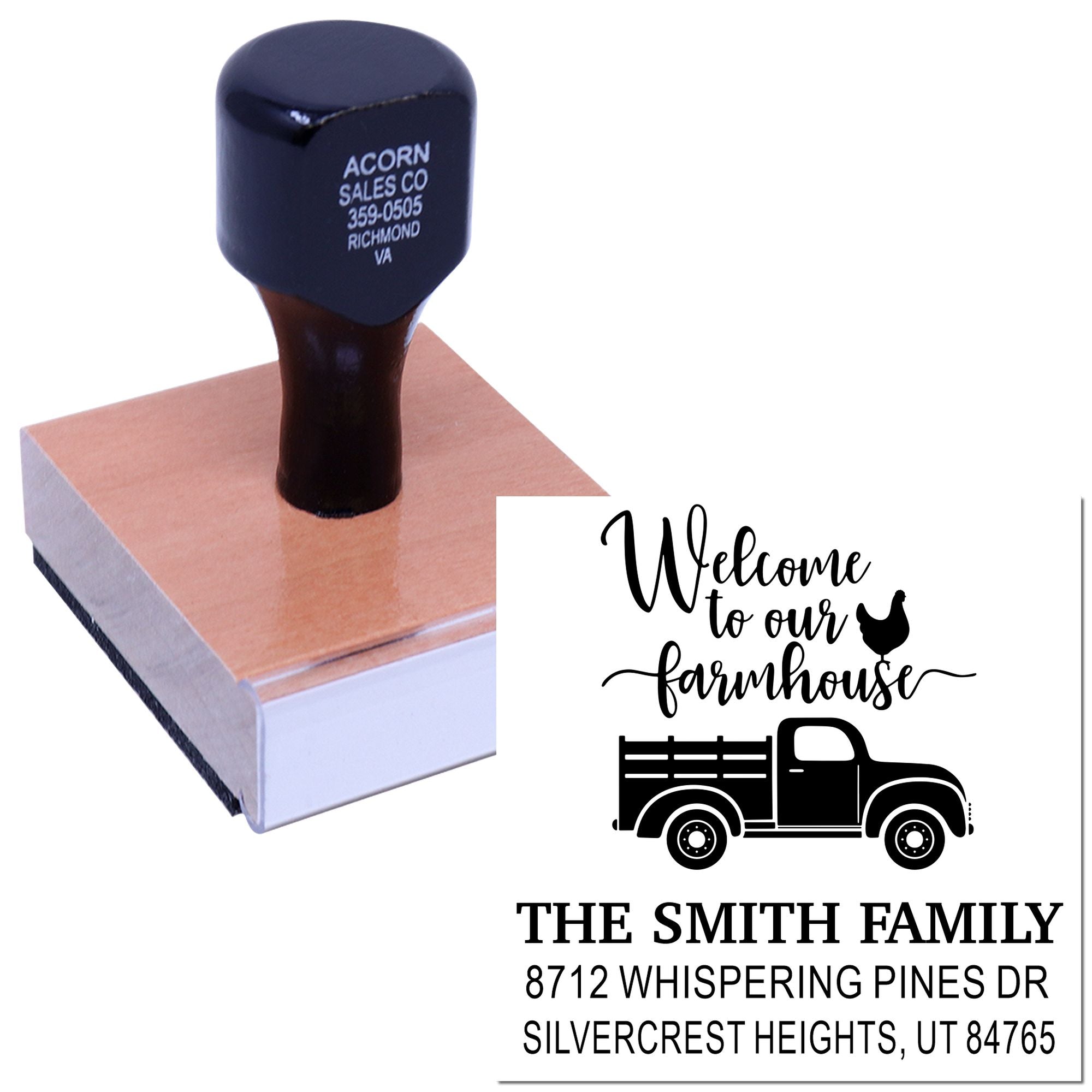 Custom farmhouse address stamp with self-inking handle and wooden base, showing Welcome to our farmhouse truck design and family name with address.