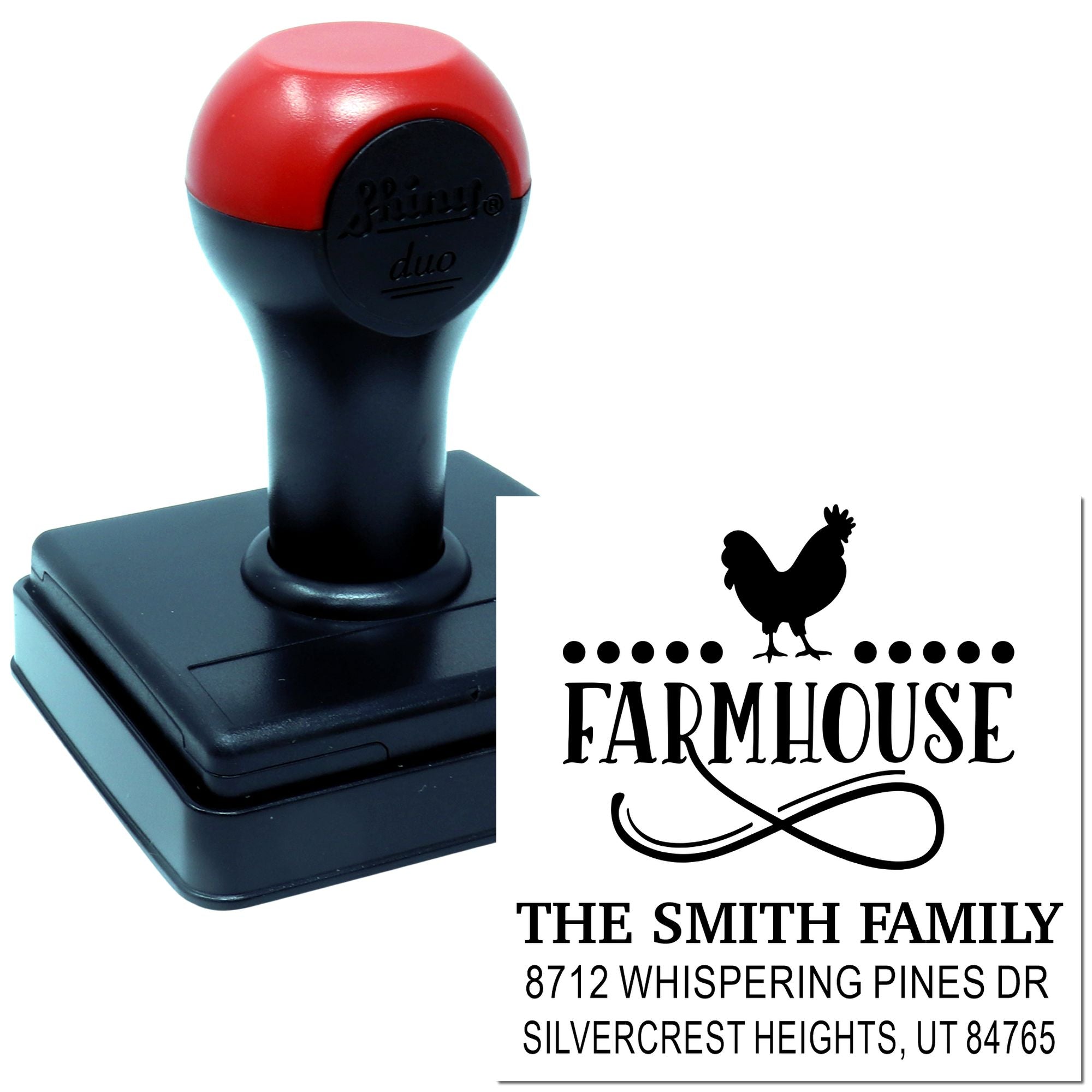 Custom self-inking farmhouse address stamp with rooster logo, The Smith Family name, and Silvercrest Heights, UT address.